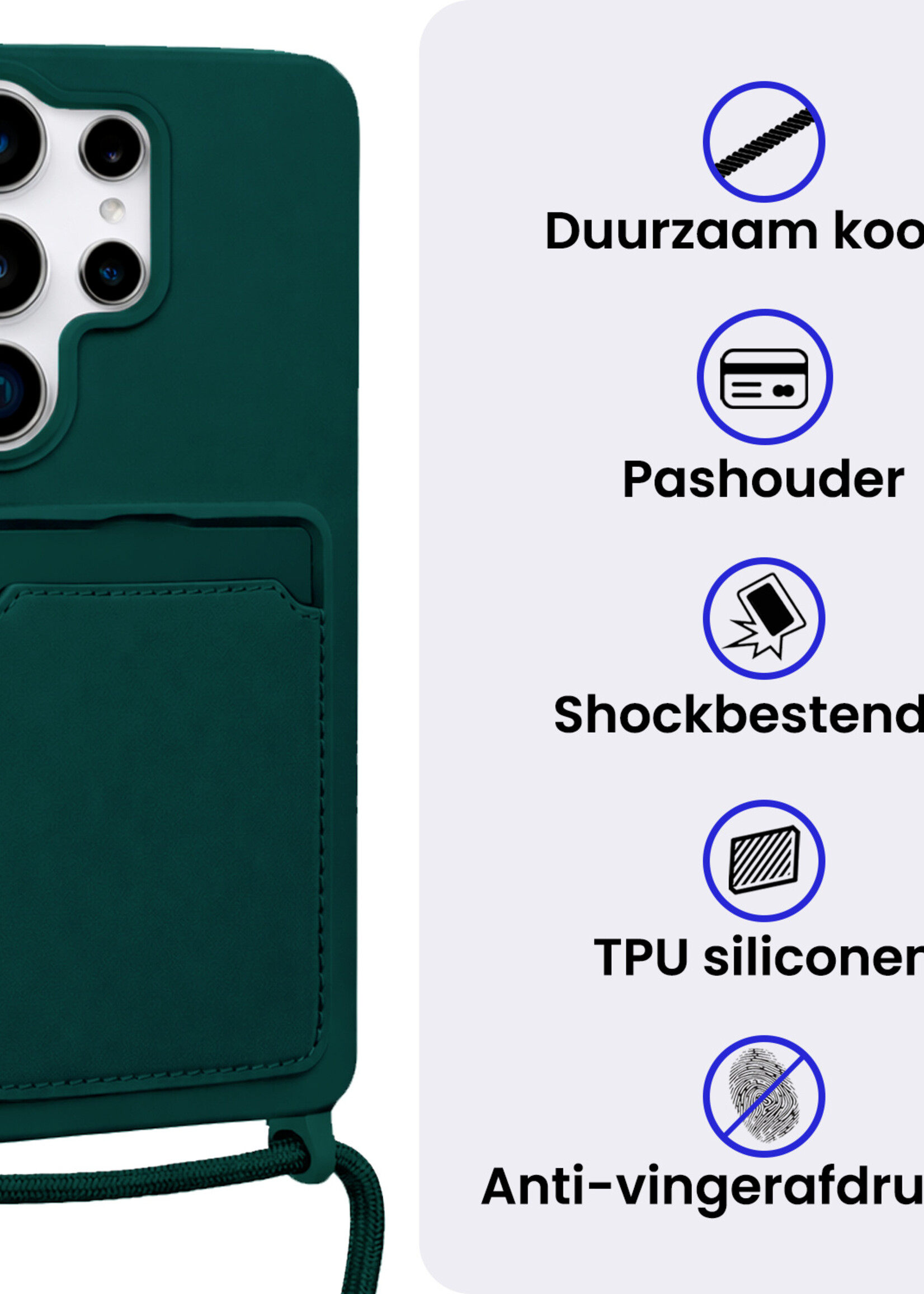 BTH BTH Samsung Galaxy S26 Ultra Hoesje Pashouder met Koord Met Screenprotector - Donkergroen