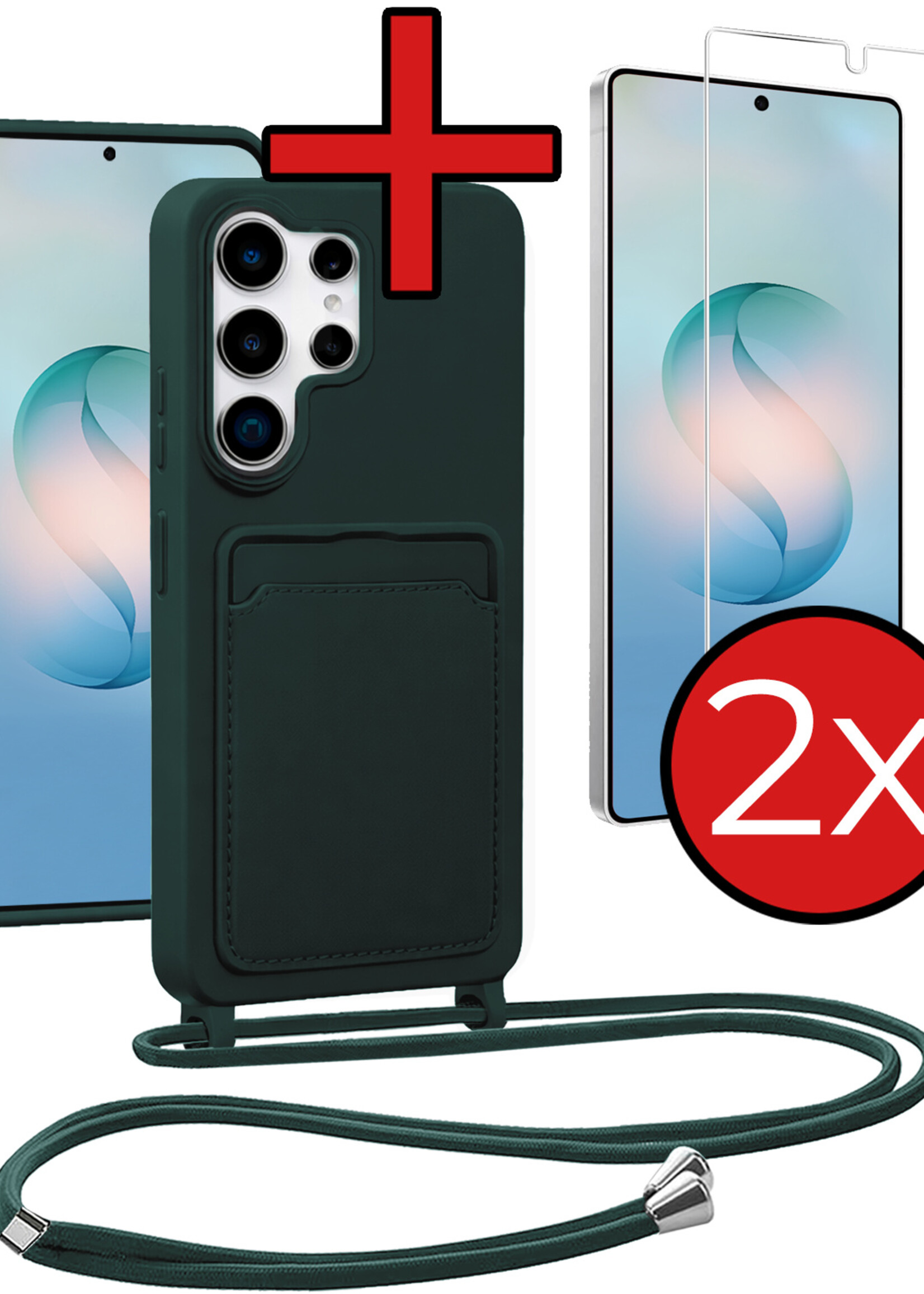 BTH BTH Samsung Galaxy S26 Ultra Hoesje Pashouder met Koord Met 2x Screenprotector - Donkergroen