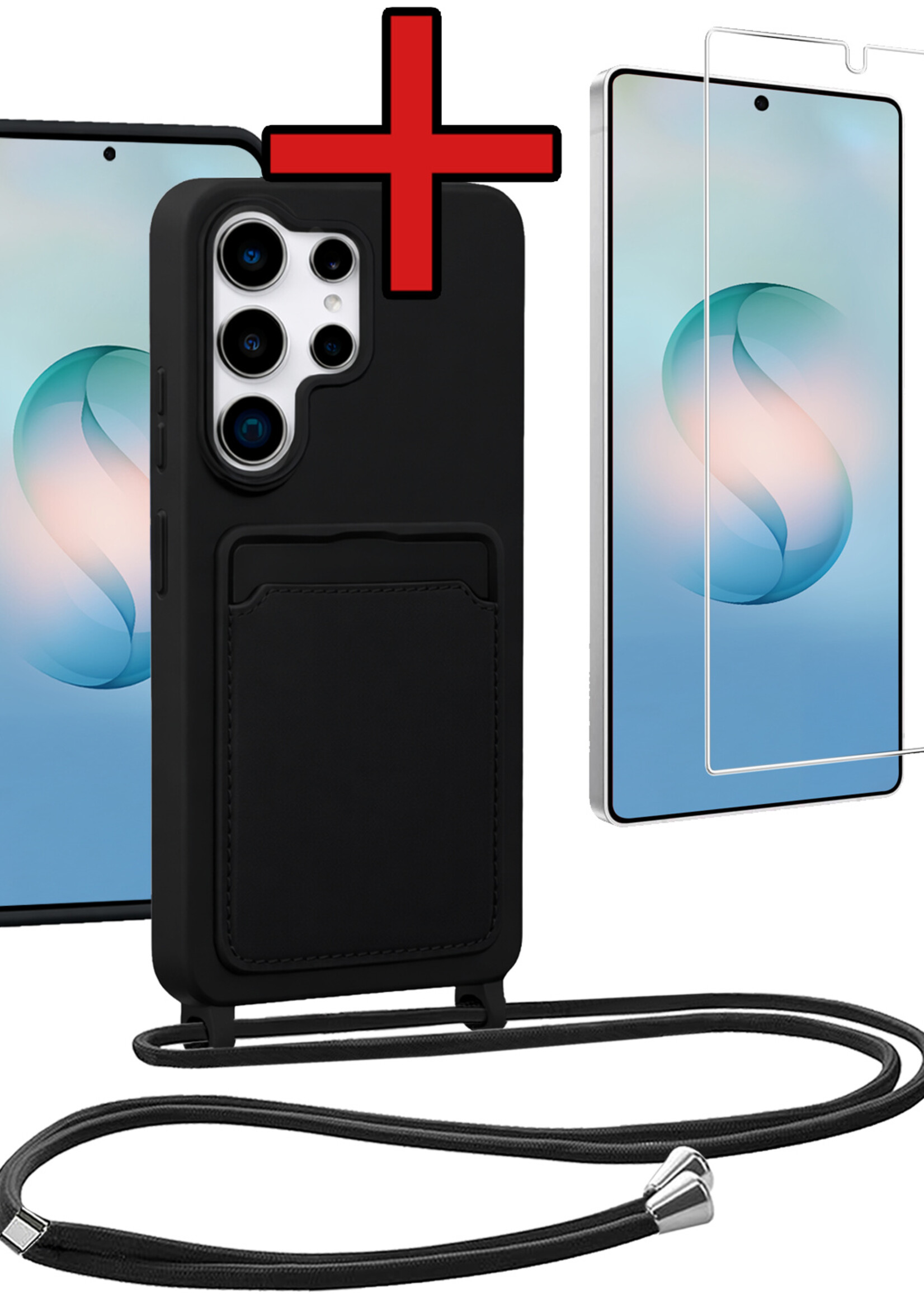 BTH BTH Samsung Galaxy S26 Ultra Hoesje Pashouder met Koord Met Screenprotector - Zwart