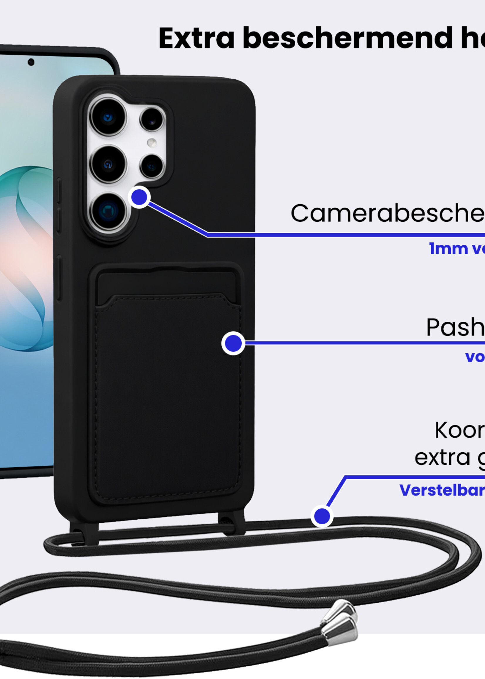 BTH BTH Samsung Galaxy S26 Ultra Hoesje Pashouder met Koord Met Screenprotector - Zwart