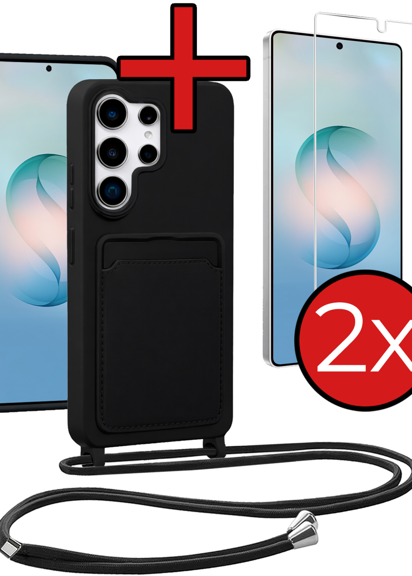 BTH BTH Samsung Galaxy S26 Ultra Hoesje Pashouder met Koord Met 2x Screenprotector - Zwart