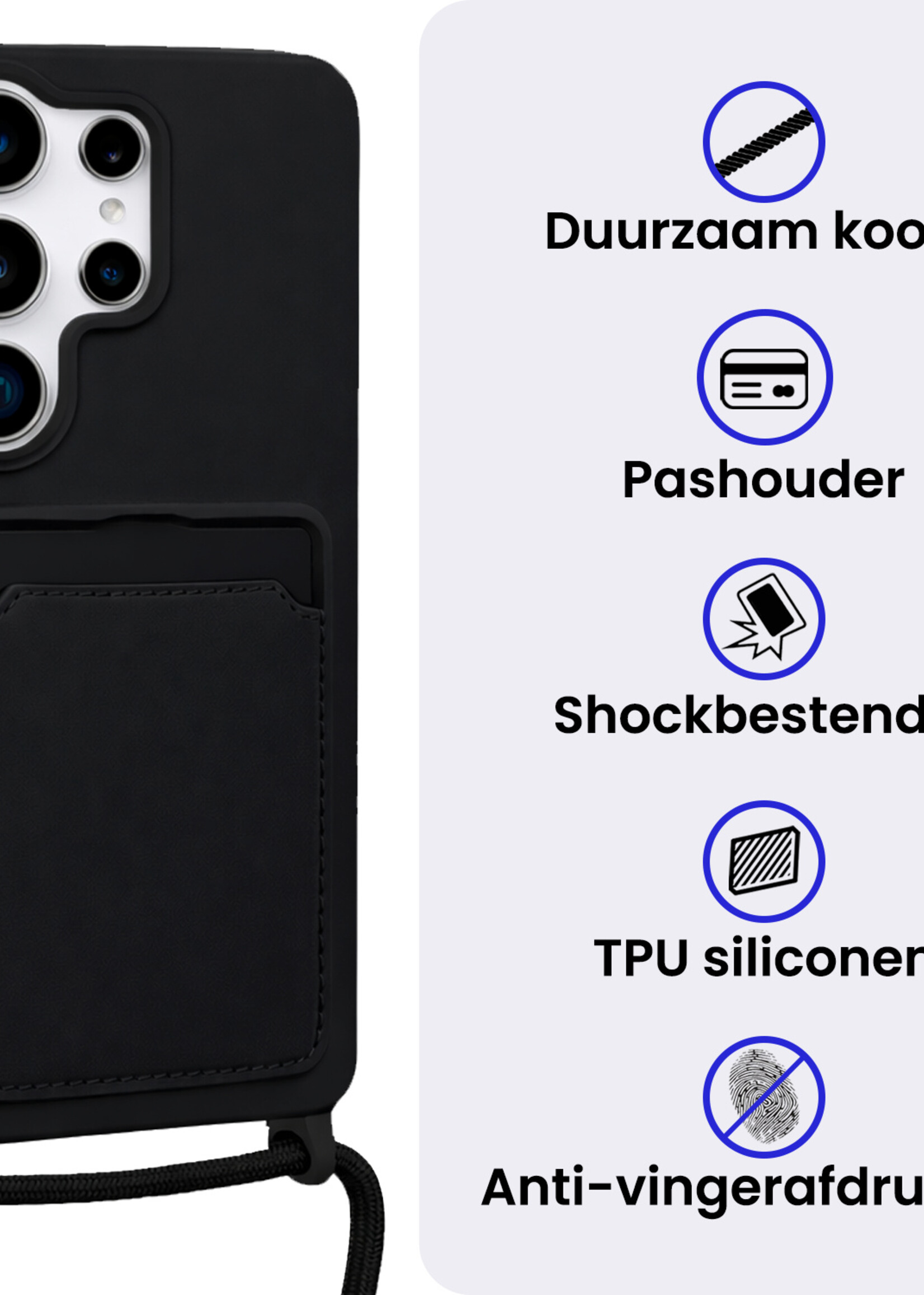 BTH BTH Samsung Galaxy S26 Ultra Hoesje Pashouder met Koord Met 2x Screenprotector - Zwart