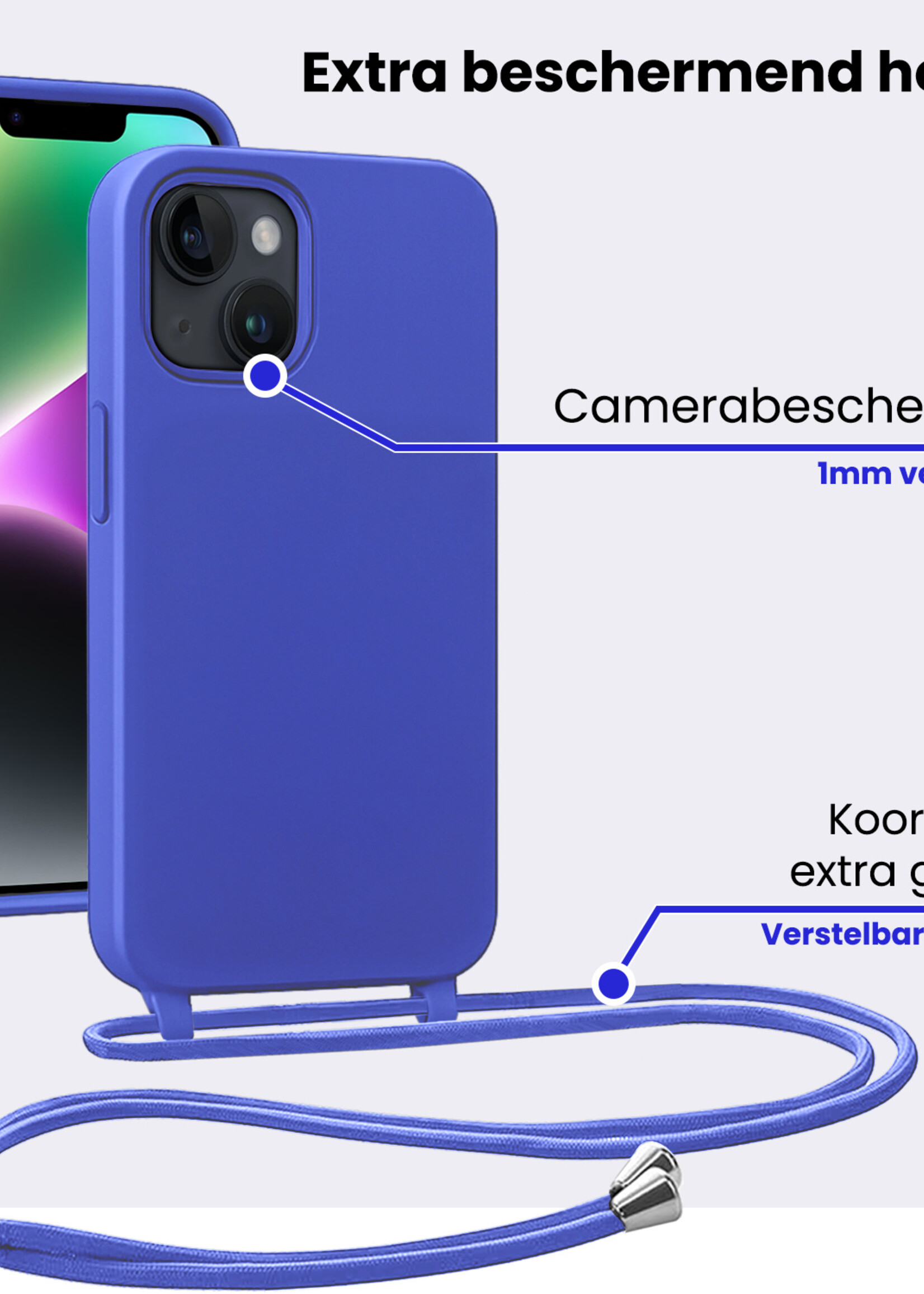 BTH BTH iPhone 13 Mini Hoesje Met Koord Met Screenprotector - Fel Blauw