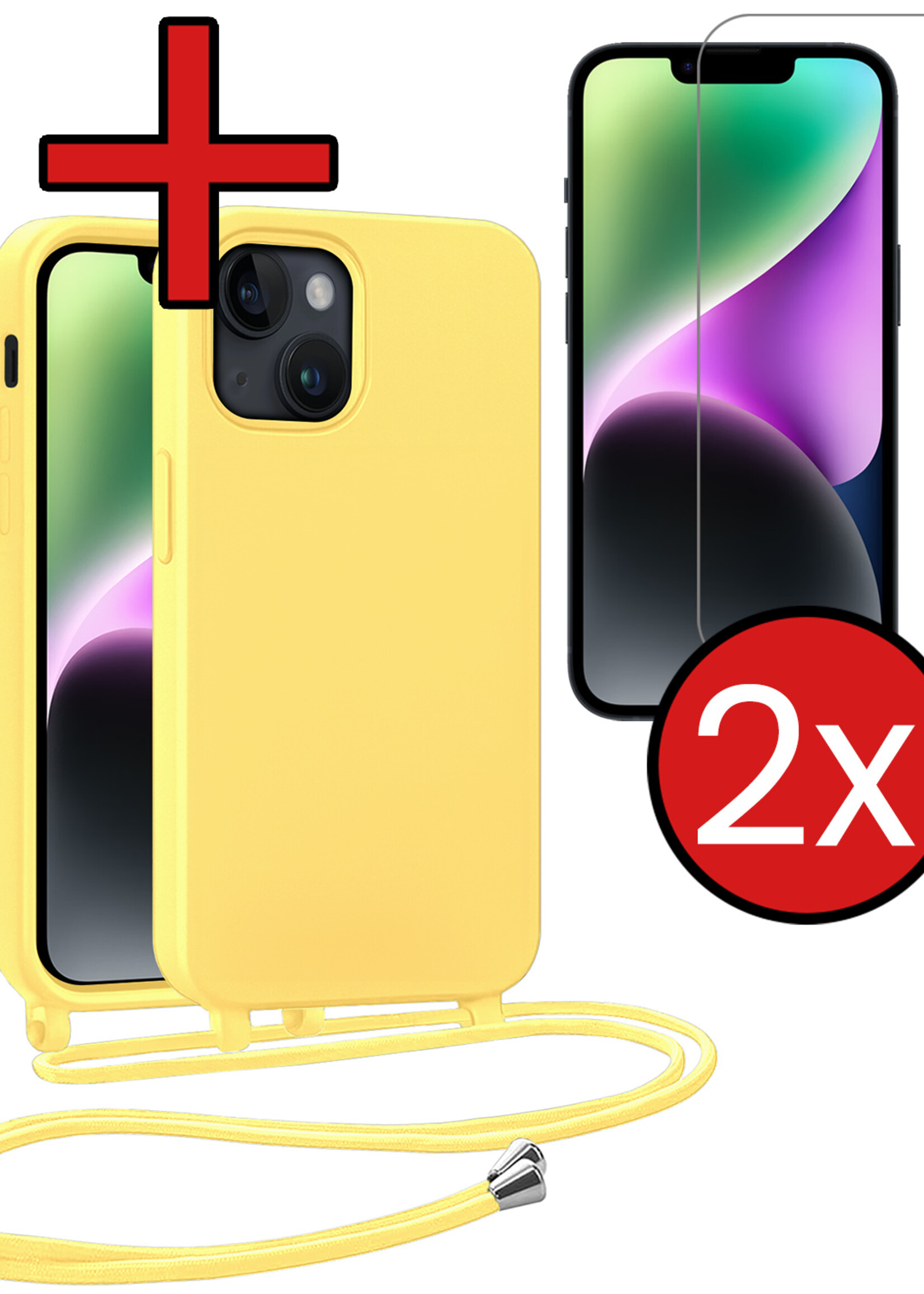 BTH BTH iPhone 13 Mini Hoesje Met Koord Met 2x Screenprotector - Geel