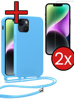 BTH BTH iPhone 13 Mini Hoesje Met Koord Met 2x Screenprotector - Lichtblauw