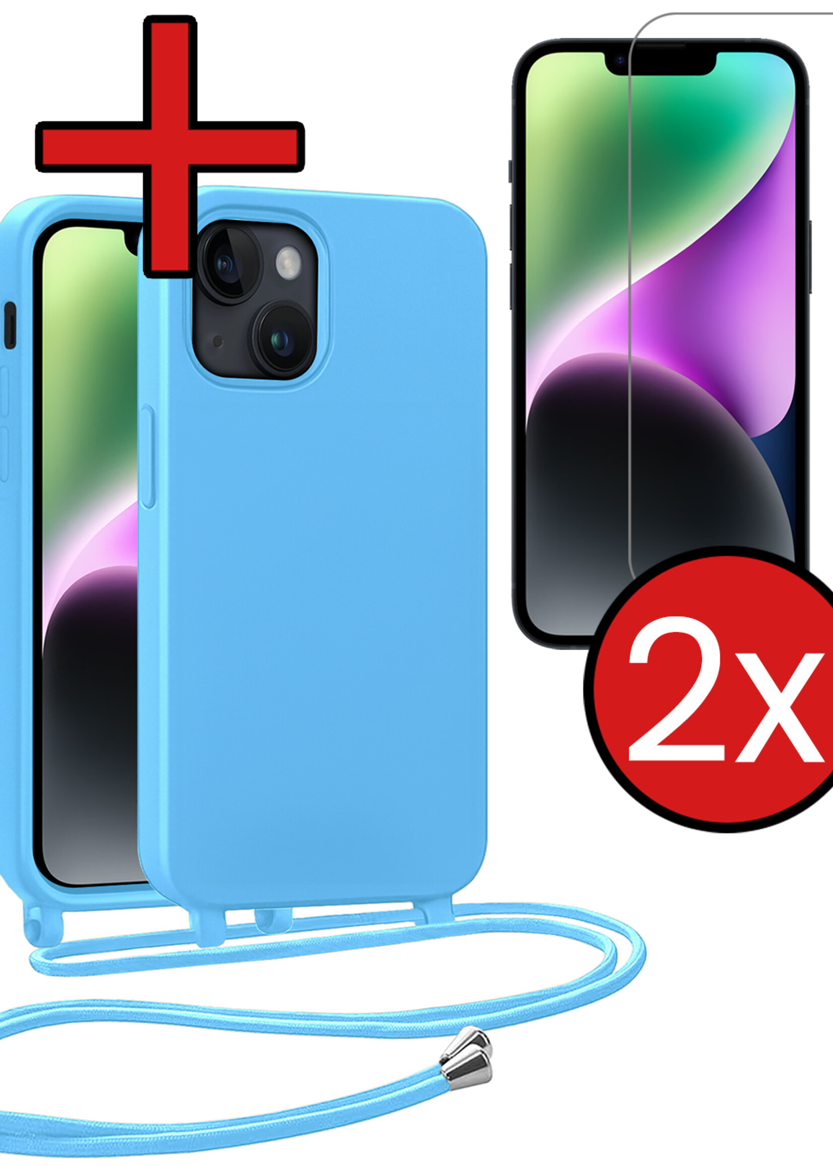 BTH BTH iPhone 13 Mini Hoesje Met Koord Met 2x Screenprotector - Lichtblauw