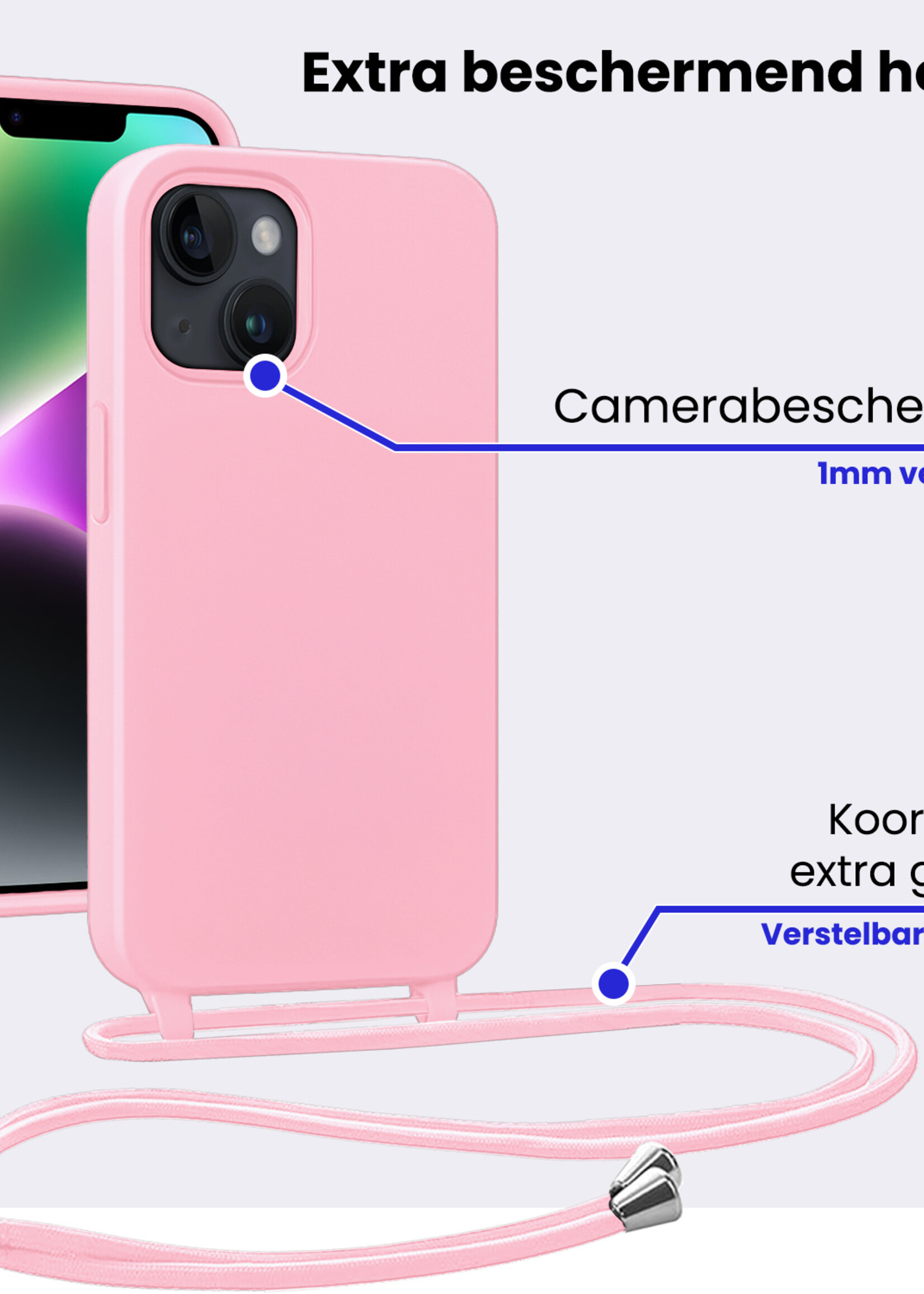 BTH BTH iPhone 13 Mini Hoesje Met Koord Met Screenprotector - Lichtroze
