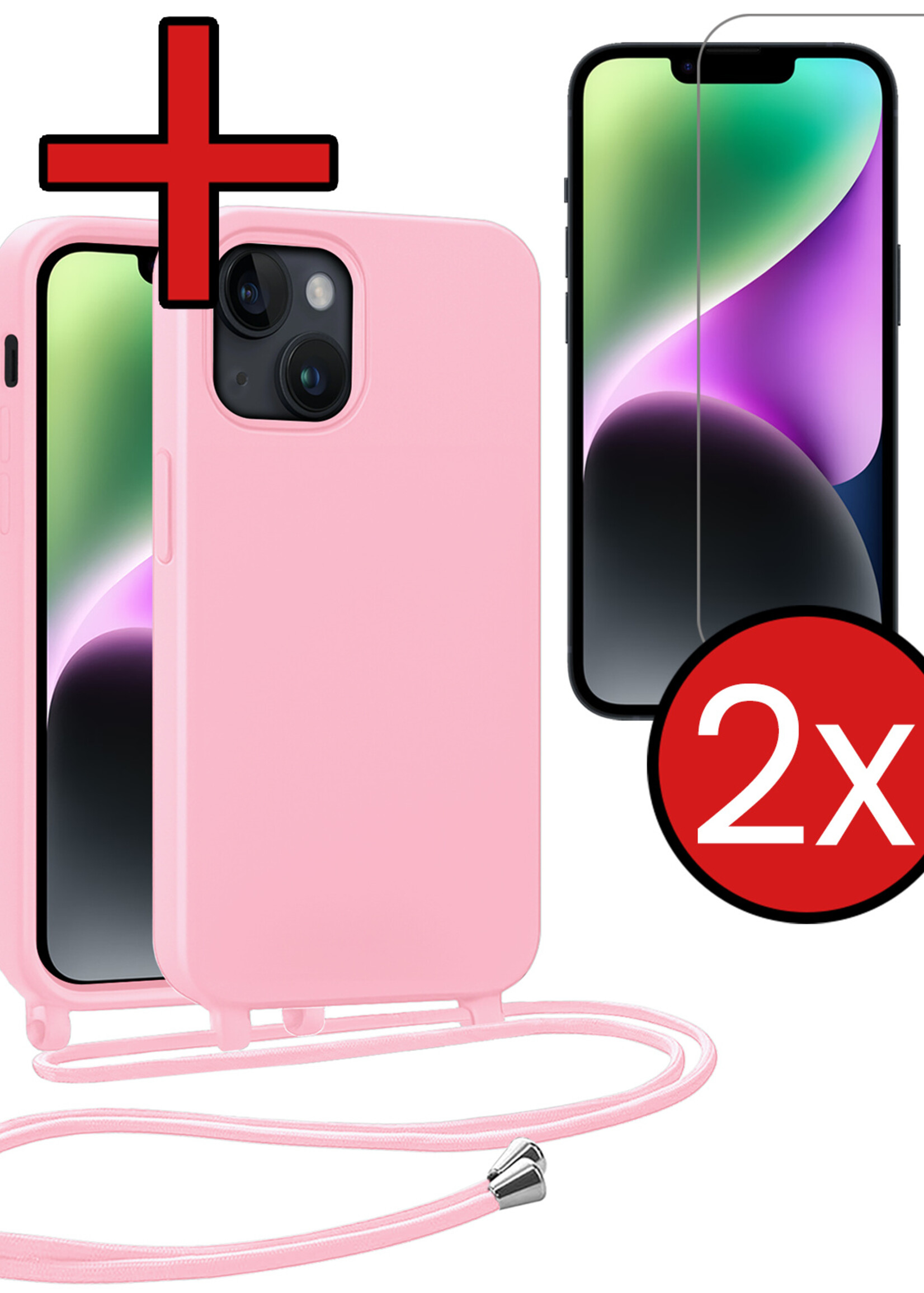BTH BTH iPhone 13 Mini Hoesje Met Koord Met 2x Screenprotector - Lichtroze