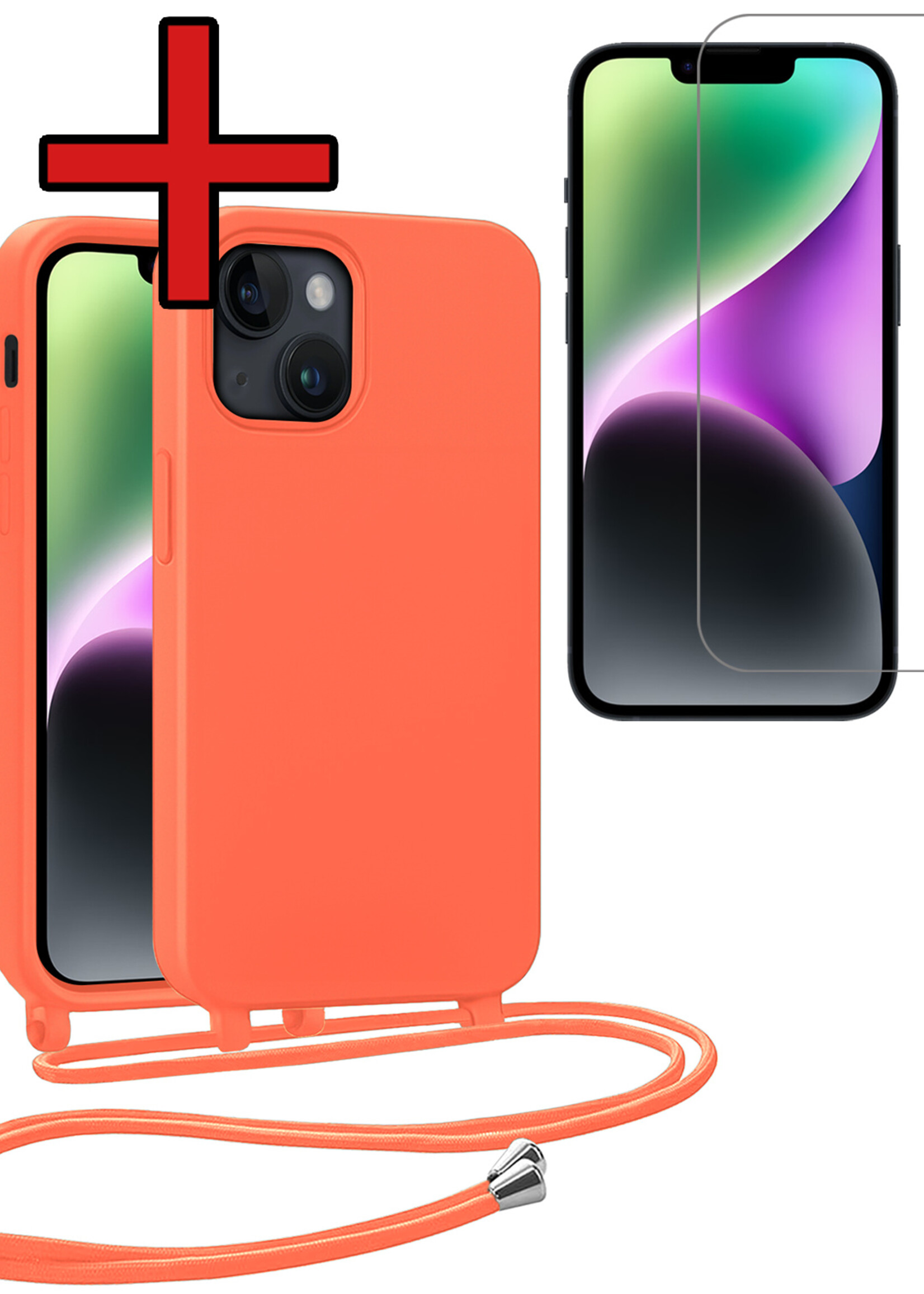 BTH BTH iPhone 13 Mini Hoesje Met Koord Met Screenprotector - Papaya