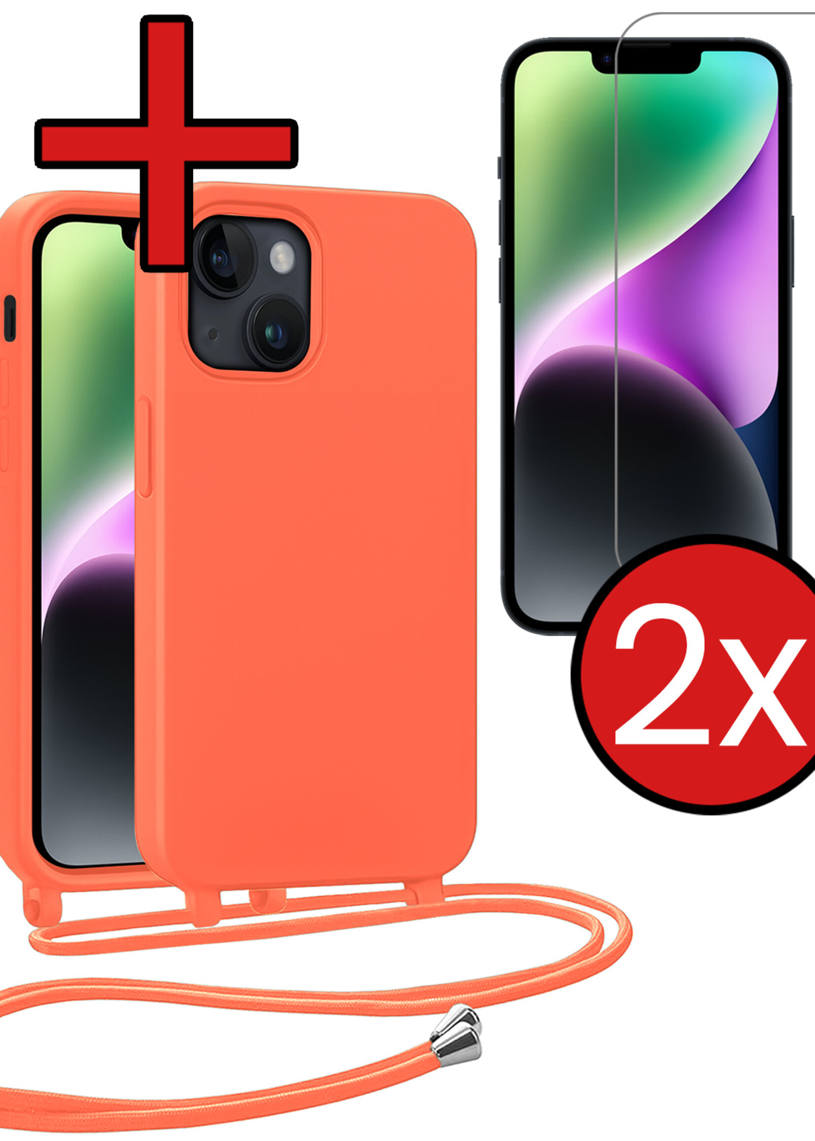 BTH BTH iPhone 13 Mini Hoesje Met Koord Met 2x Screenprotector - Papaya