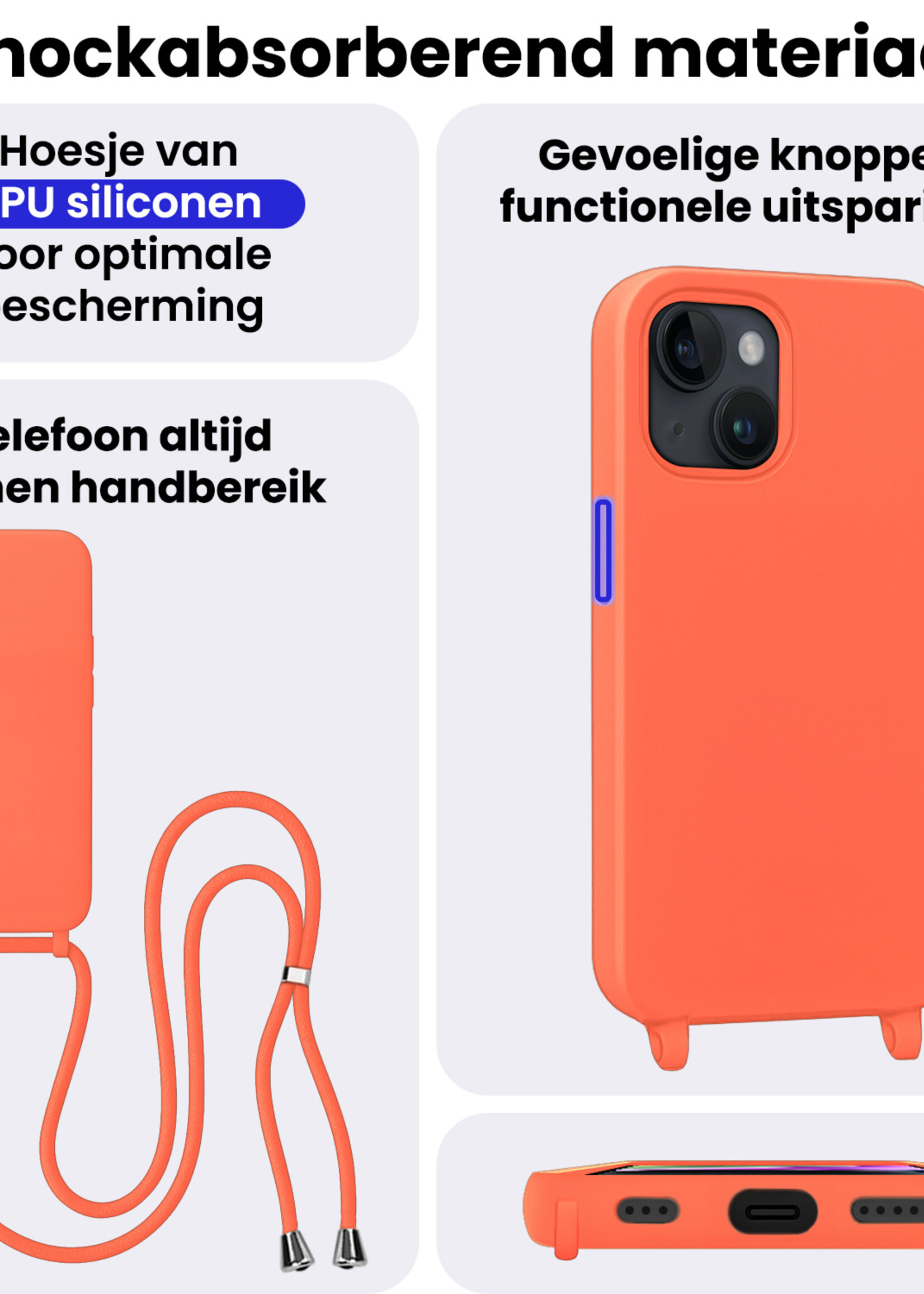 BTH BTH iPhone 13 Mini Hoesje Met Koord Met 2x Screenprotector - Papaya