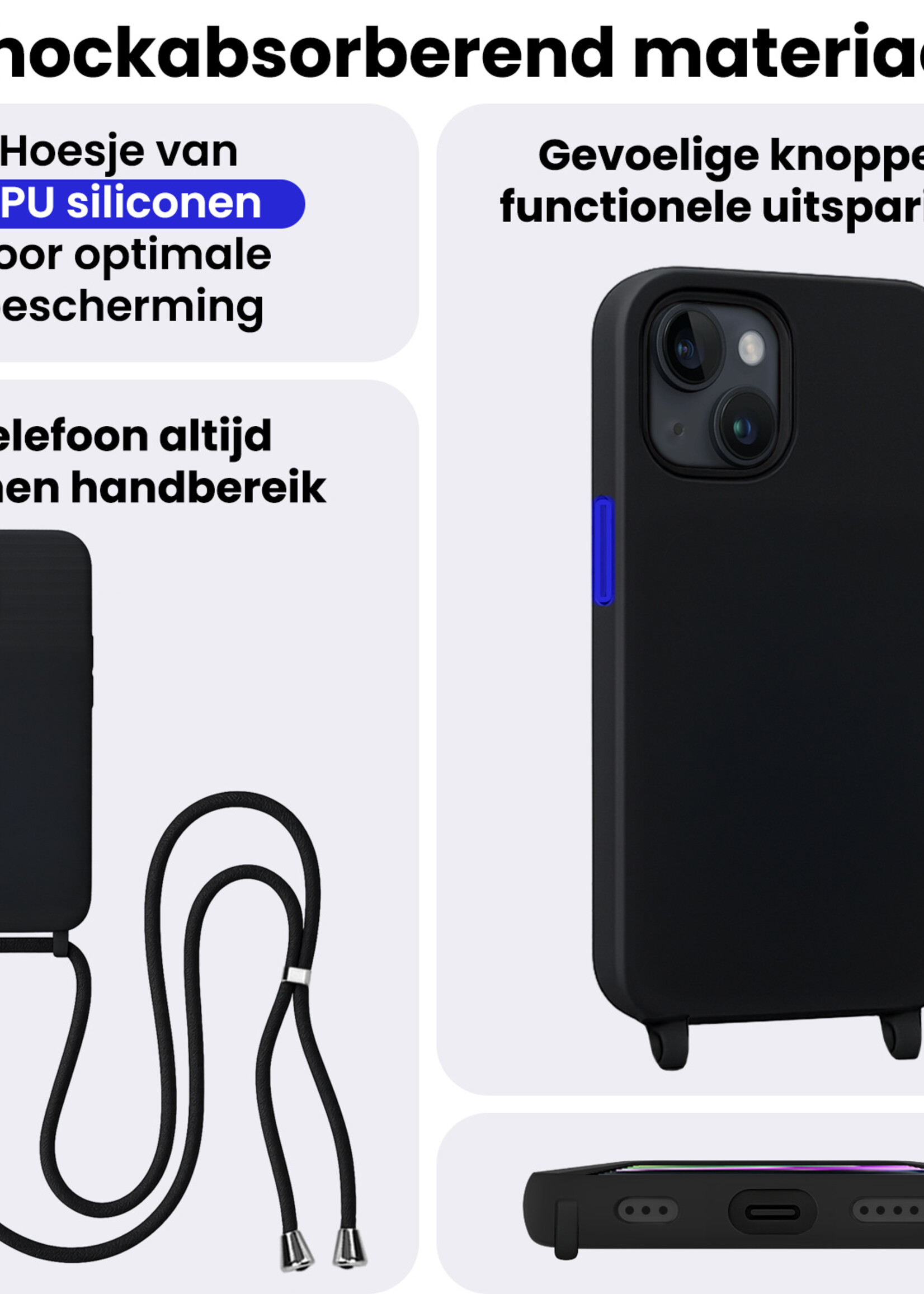 BTH BTH iPhone 13 Mini Hoesje Met Koord Met Screenprotector - Zwart