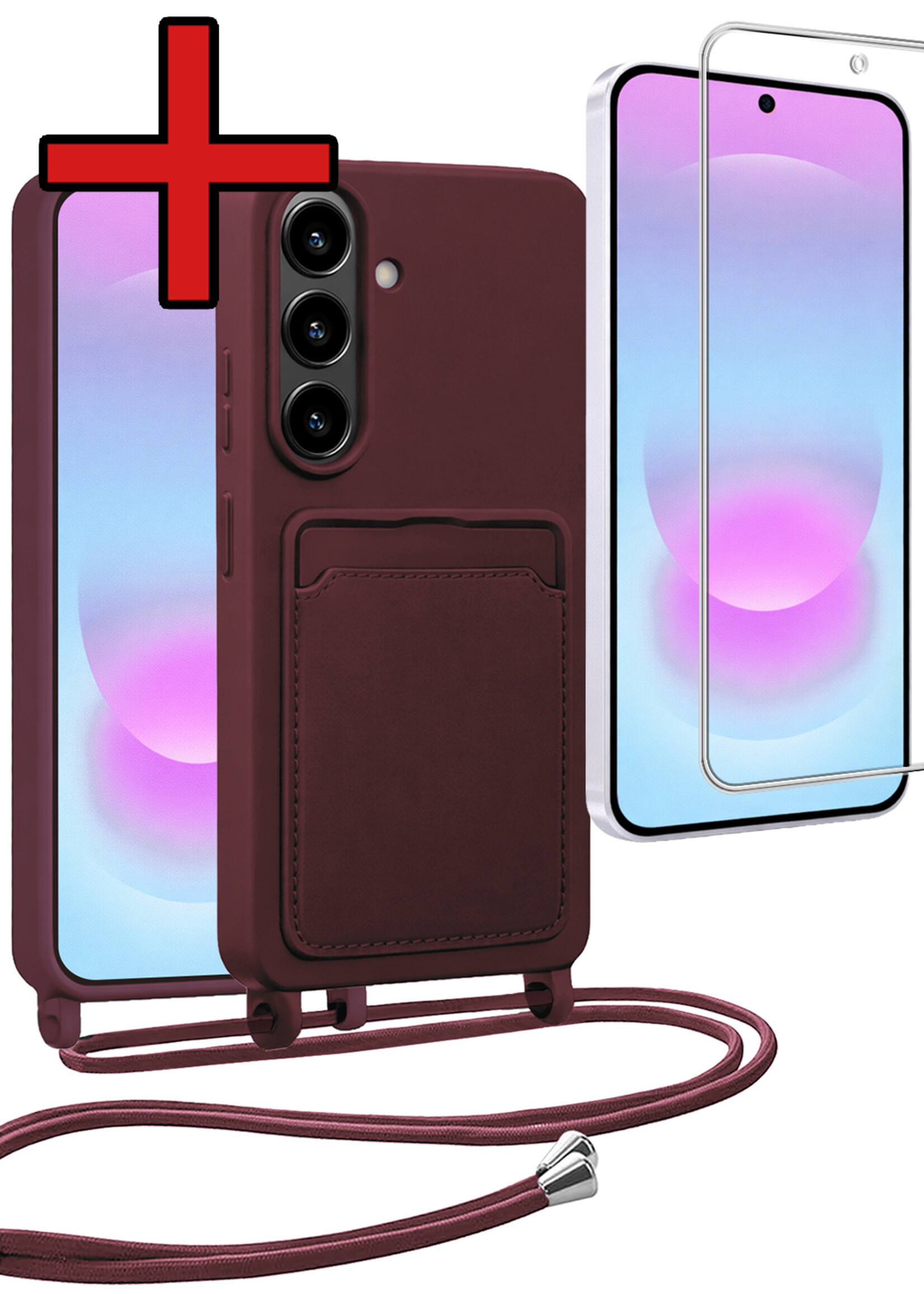 BTH BTH Samsung Galaxy A37 Hoesje Pashouder met Koord Met Screenprotector - Aubergine