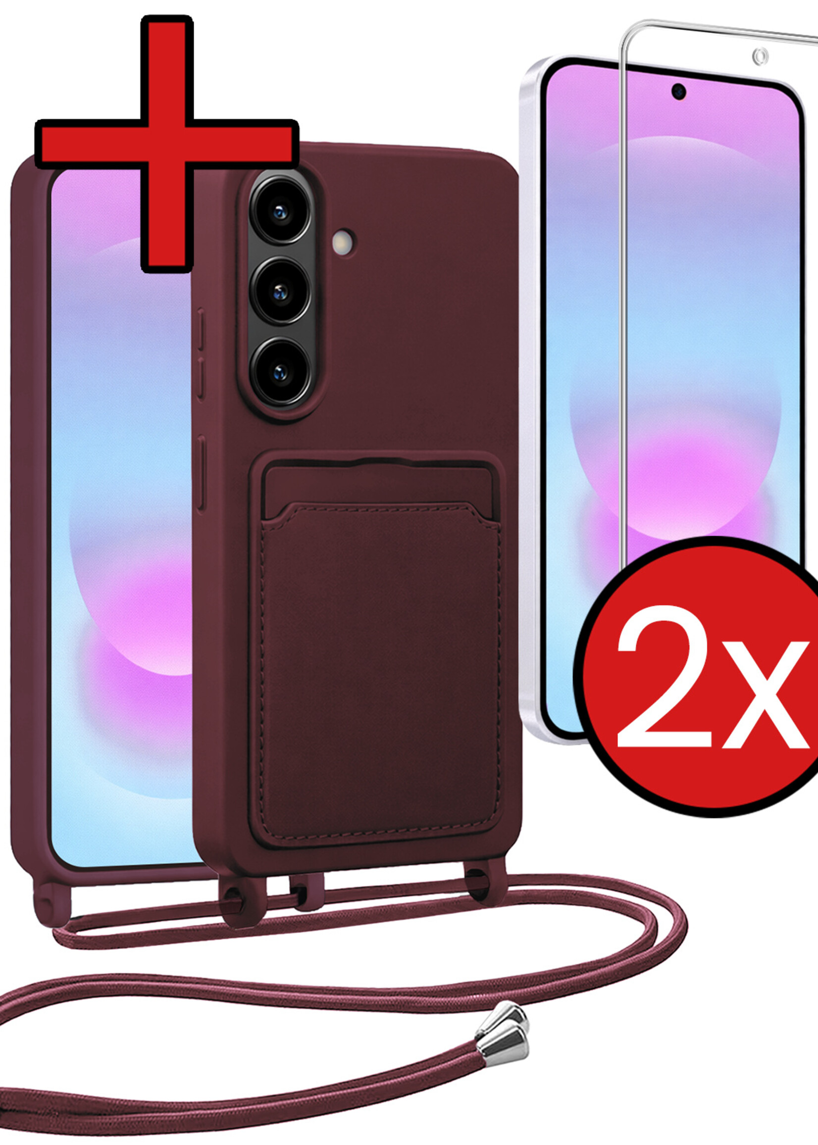 BTH BTH Samsung Galaxy A37 Hoesje Pashouder met Koord Met 2x Screenprotector - Aubergine