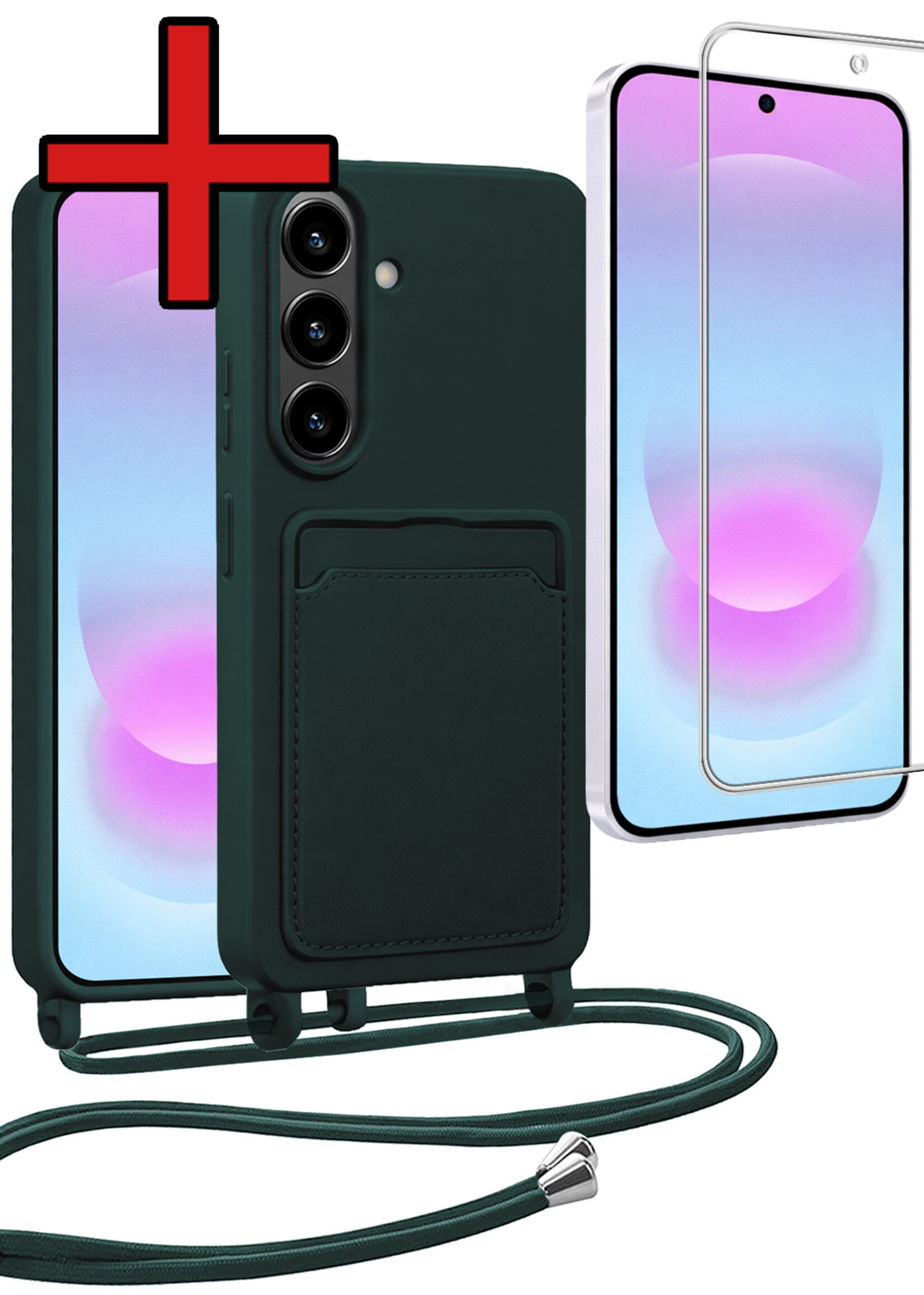 BTH BTH Samsung Galaxy A37 Hoesje Pashouder met Koord Met Screenprotector - Donkergroen