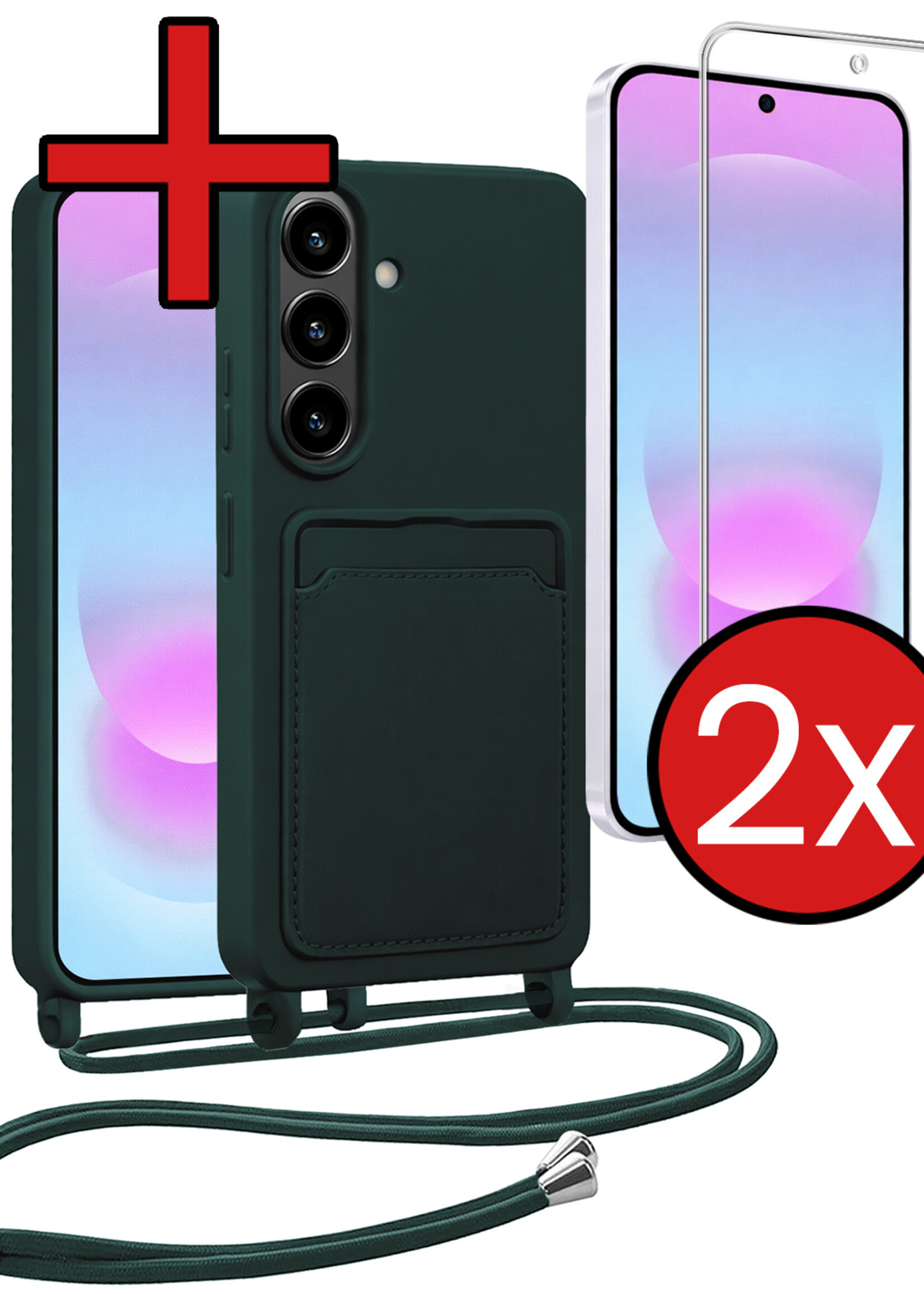 BTH BTH Samsung Galaxy A37 Hoesje Pashouder met Koord Met 2x Screenprotector - Donkergroen