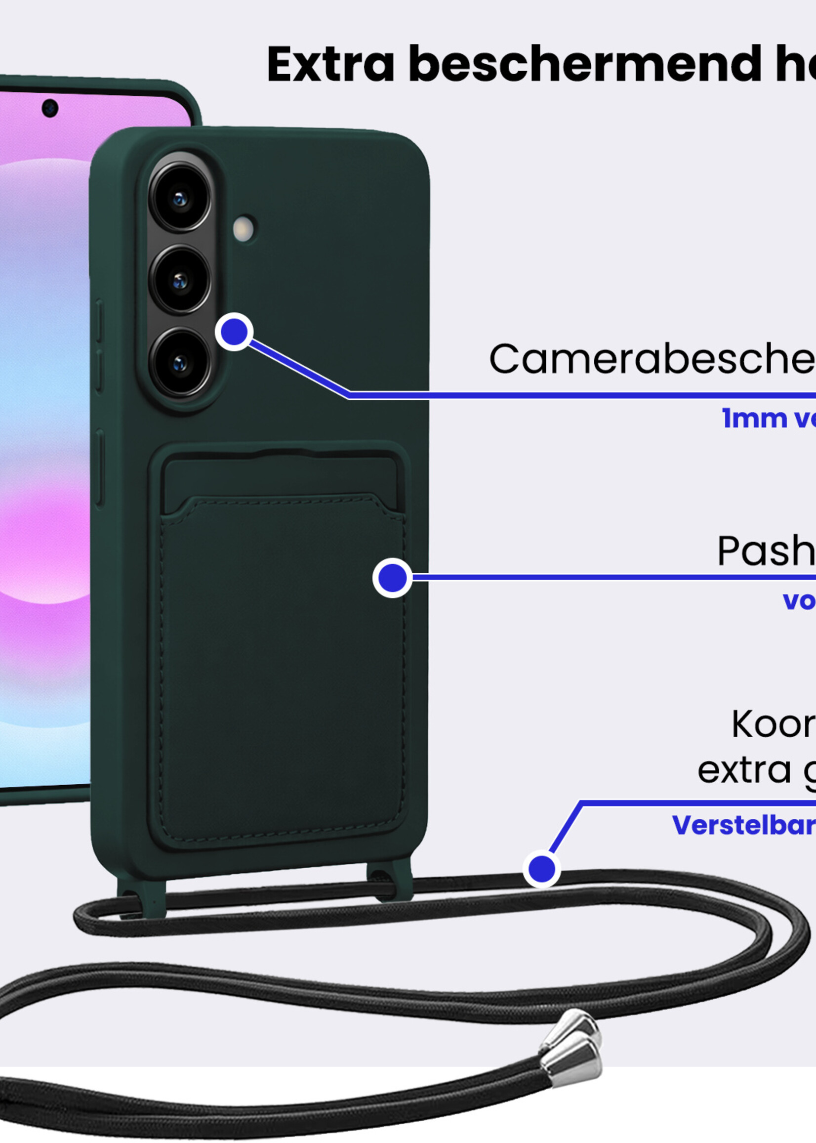 BTH BTH Samsung Galaxy A37 Hoesje Pashouder met Koord Met 2x Screenprotector - Donkergroen