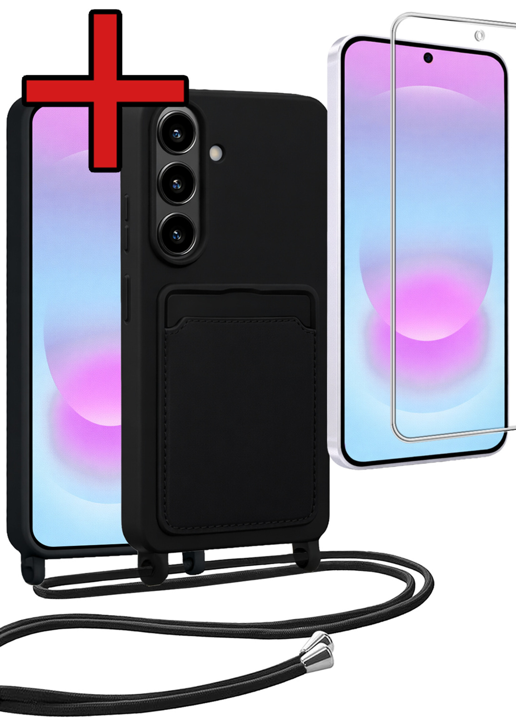 BTH BTH Samsung Galaxy A37 Hoesje Pashouder met Koord Met Screenprotector - Zwart