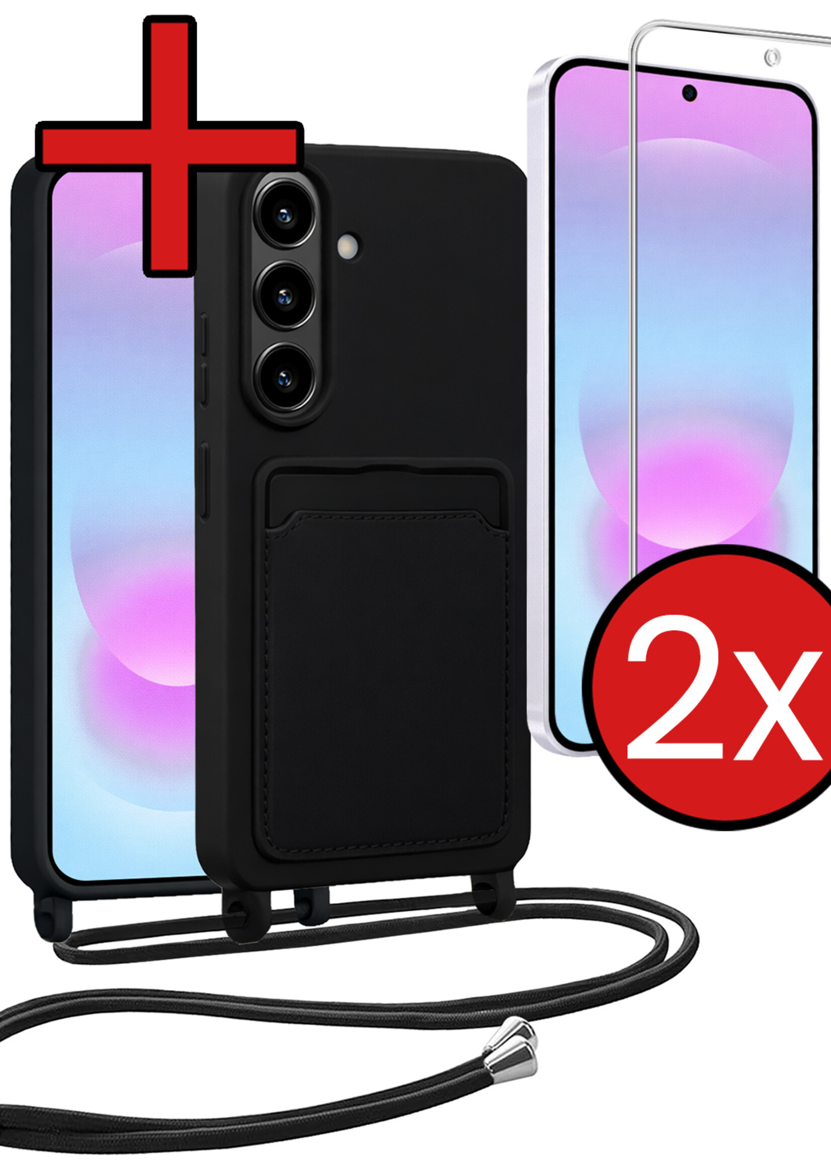 BTH BTH Samsung Galaxy A37 Hoesje Pashouder met Koord Met 2x Screenprotector - Zwart