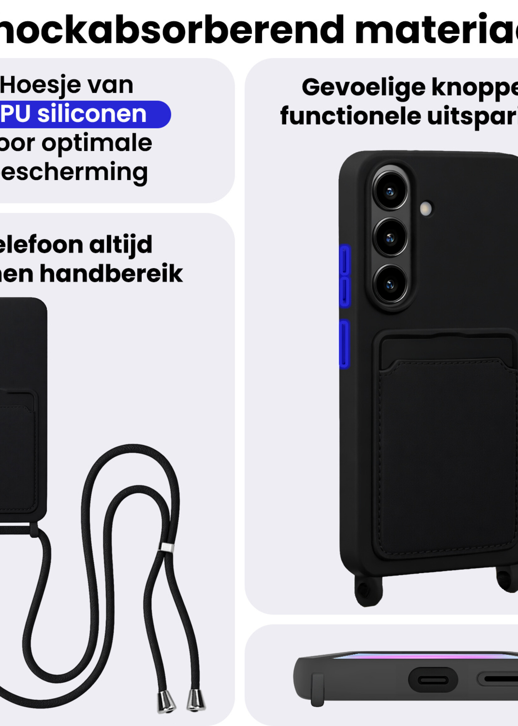 BTH BTH Samsung Galaxy A37 Hoesje Pashouder met Koord Met 2x Screenprotector - Zwart