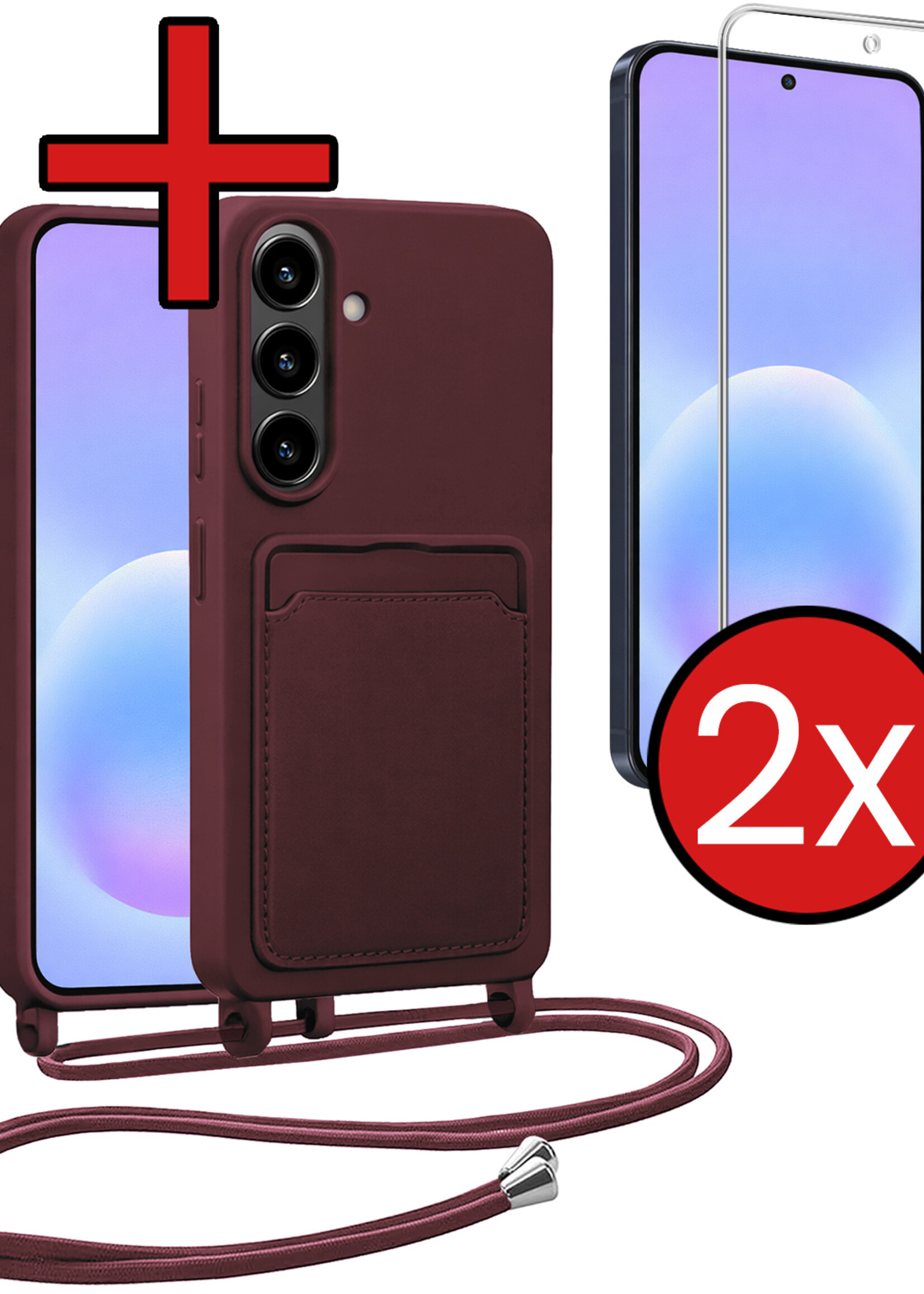 BTH BTH Samsung Galaxy A57 Hoesje Pashouder met Koord Met 2x Screenprotector - Aubergine