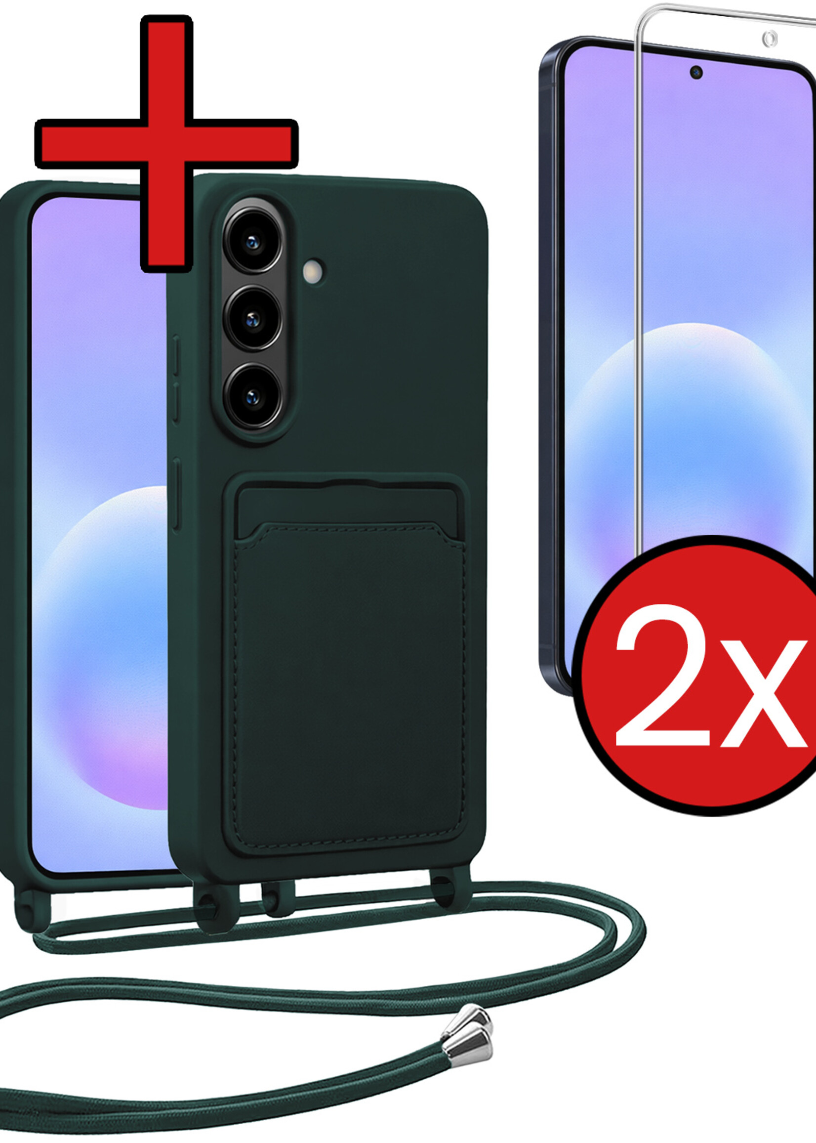 BTH BTH Samsung Galaxy A57 Hoesje Pashouder met Koord Met 2x Screenprotector - Donkergroen