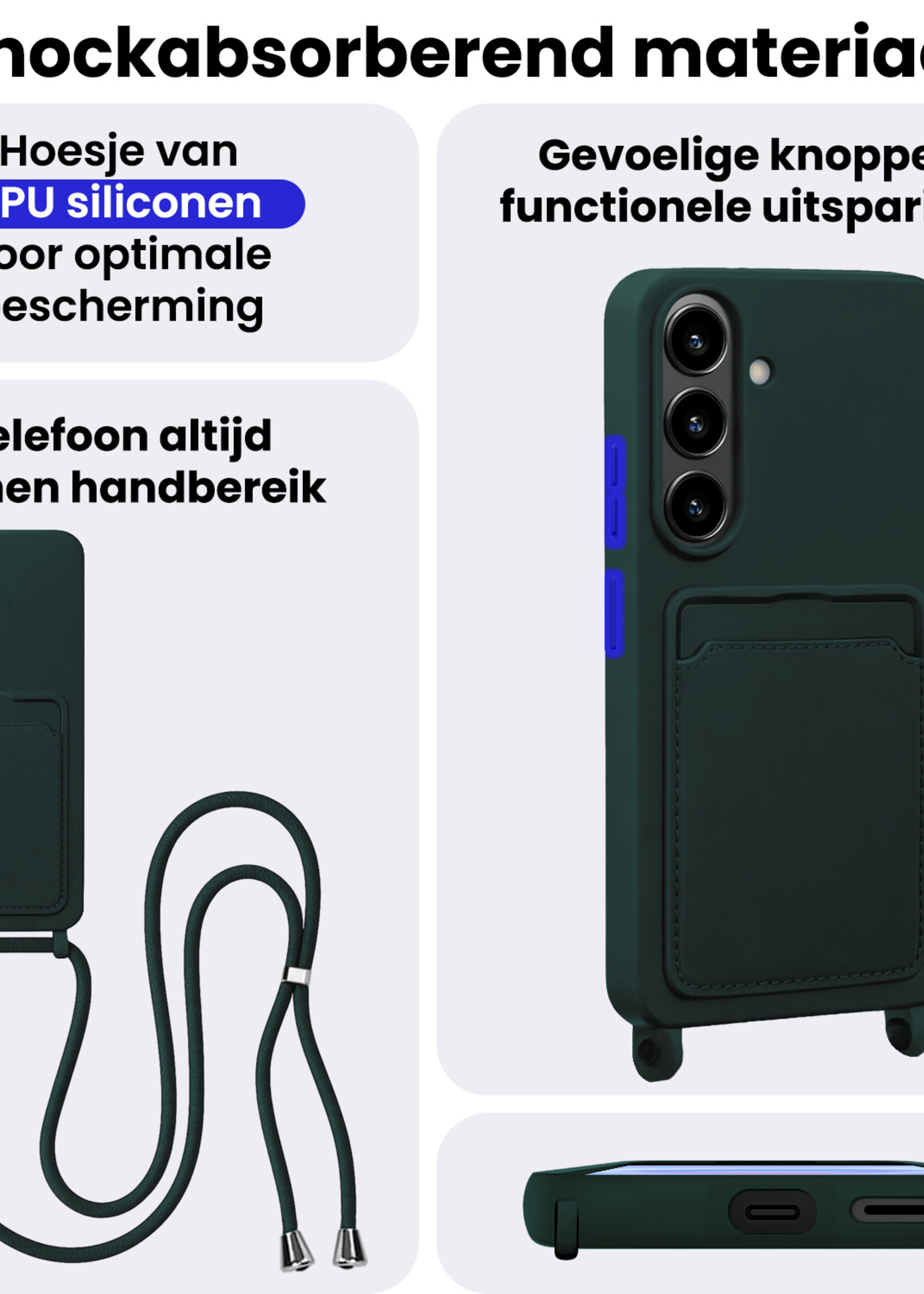 BTH BTH Samsung Galaxy A57 Hoesje Pashouder met Koord Met 2x Screenprotector - Donkergroen