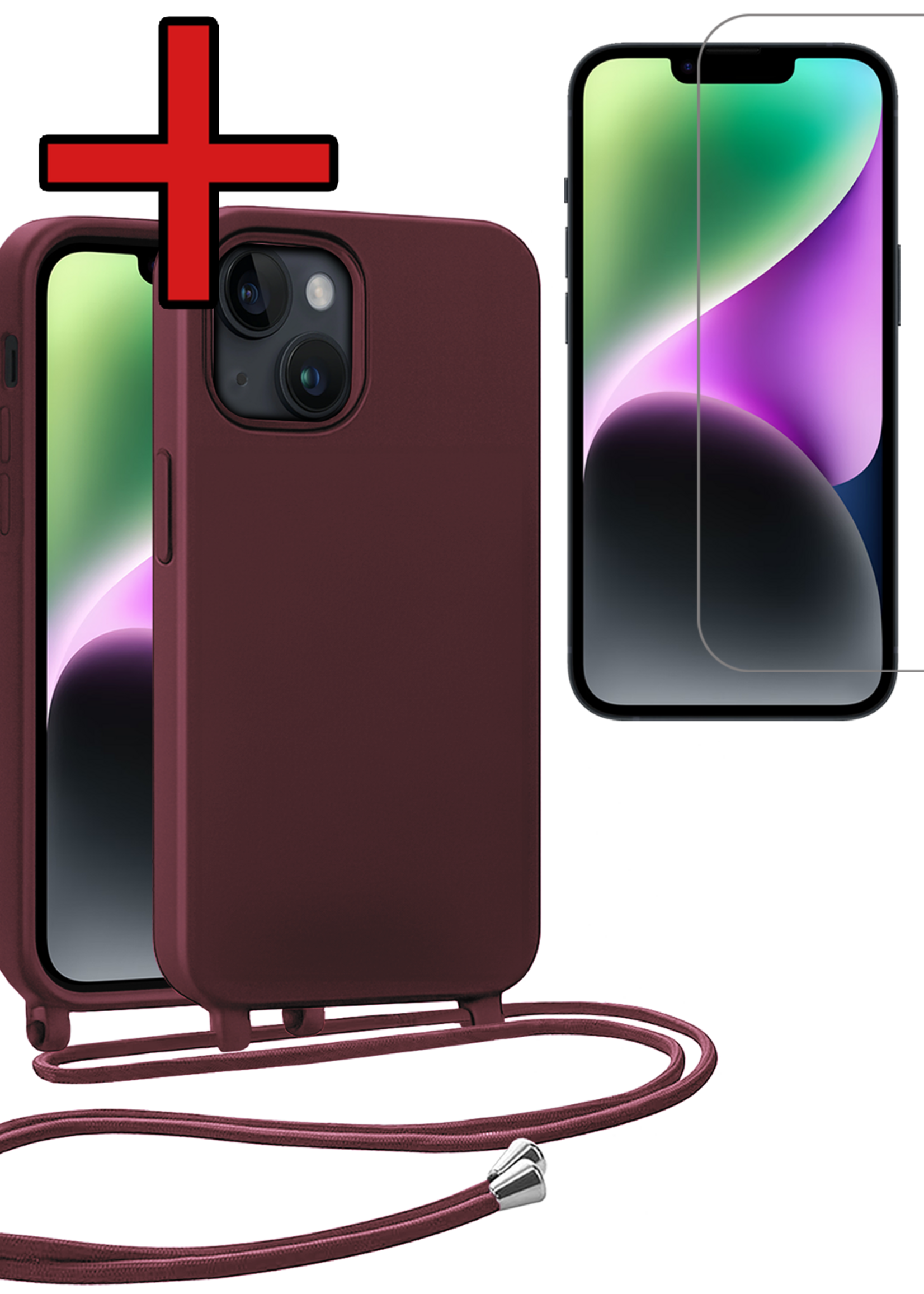 BTH BTH iPhone 13 Mini Hoesje Met Koord Met Screenprotector - Aubergine