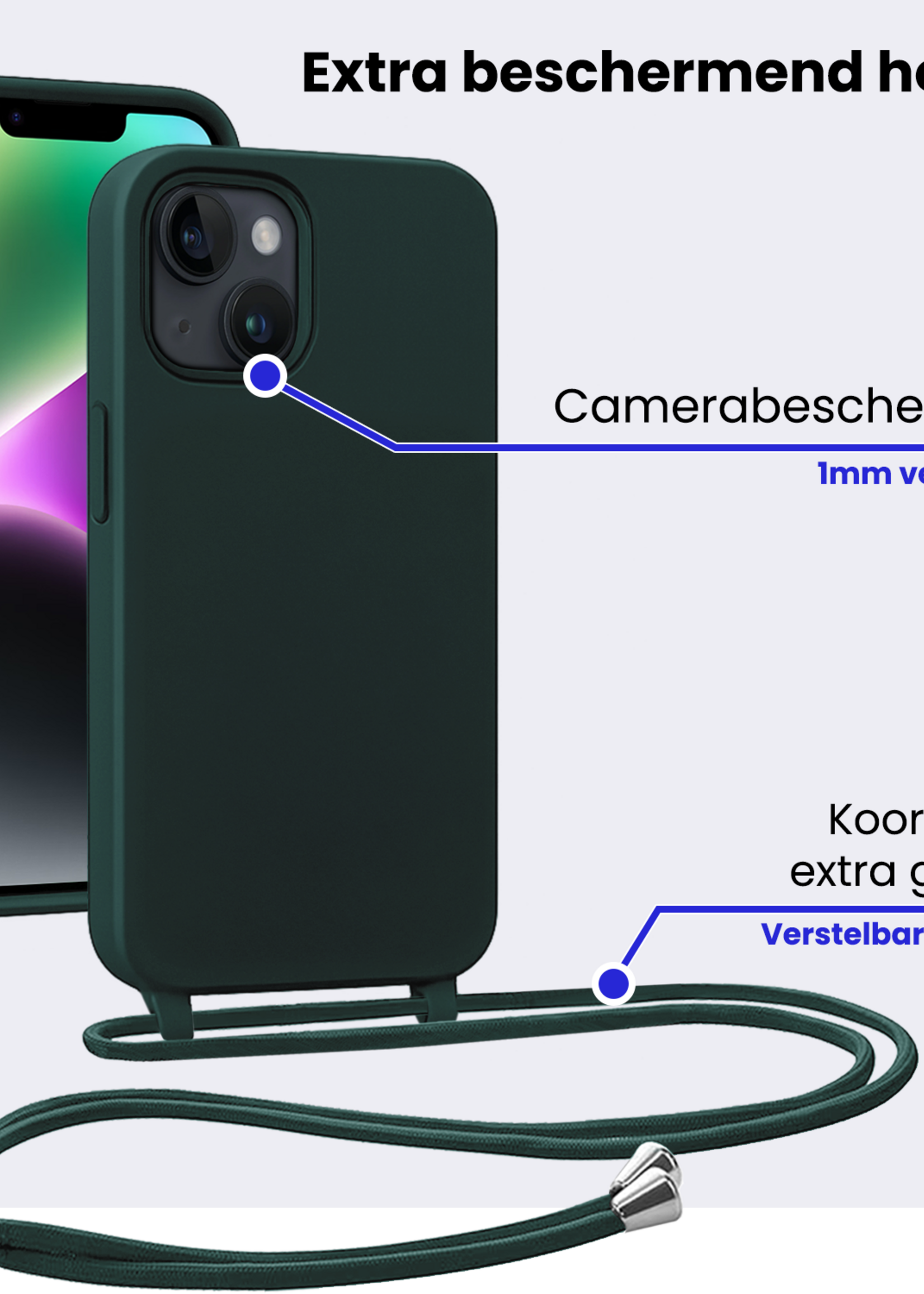 BTH BTH iPhone 13 Mini Hoesje Met Koord Met Screenprotector - Donkergroen