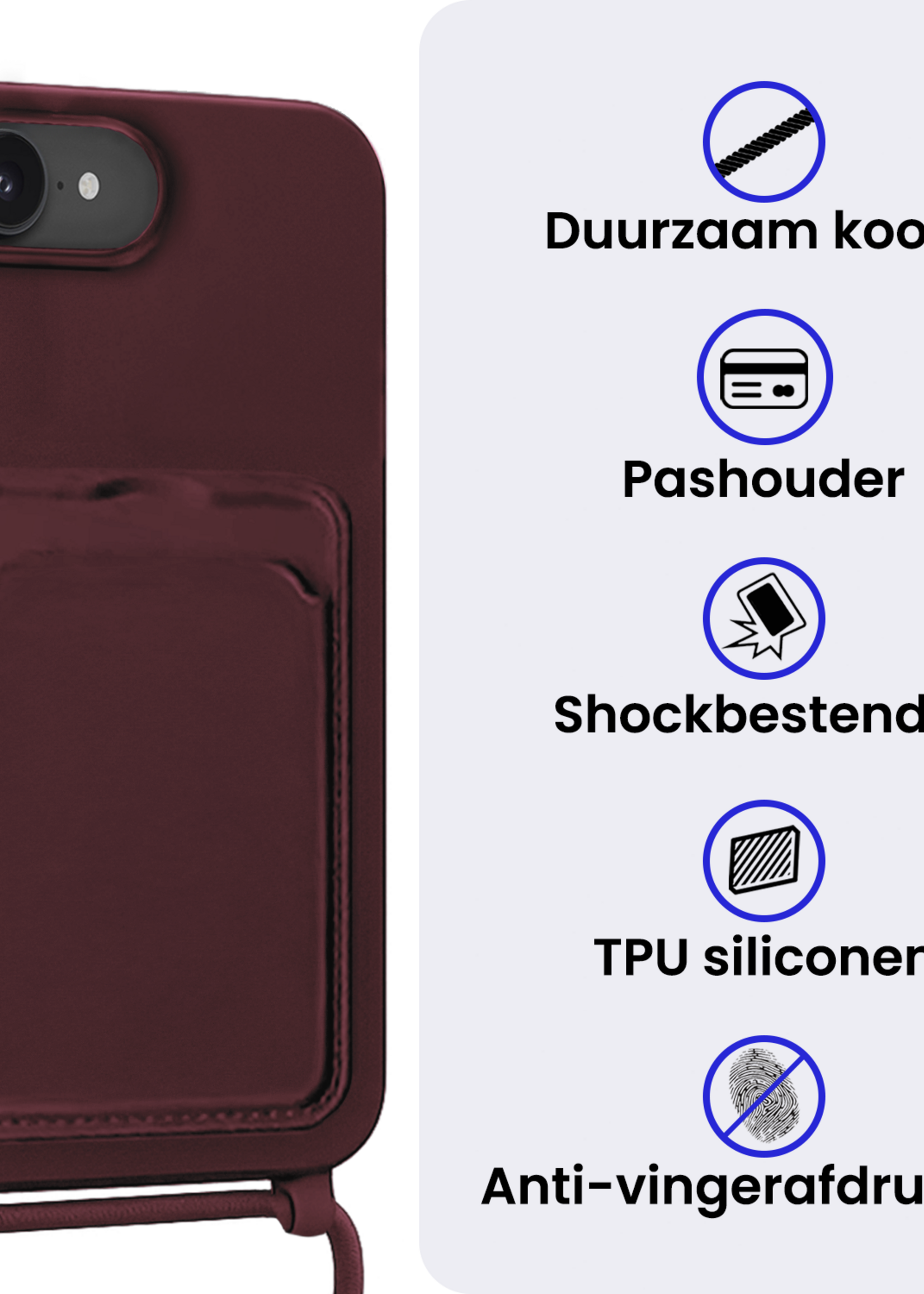 BTH BTH iPhone 17e Hoesje Pashouder met Koord Met Screenprotector - Aubergine