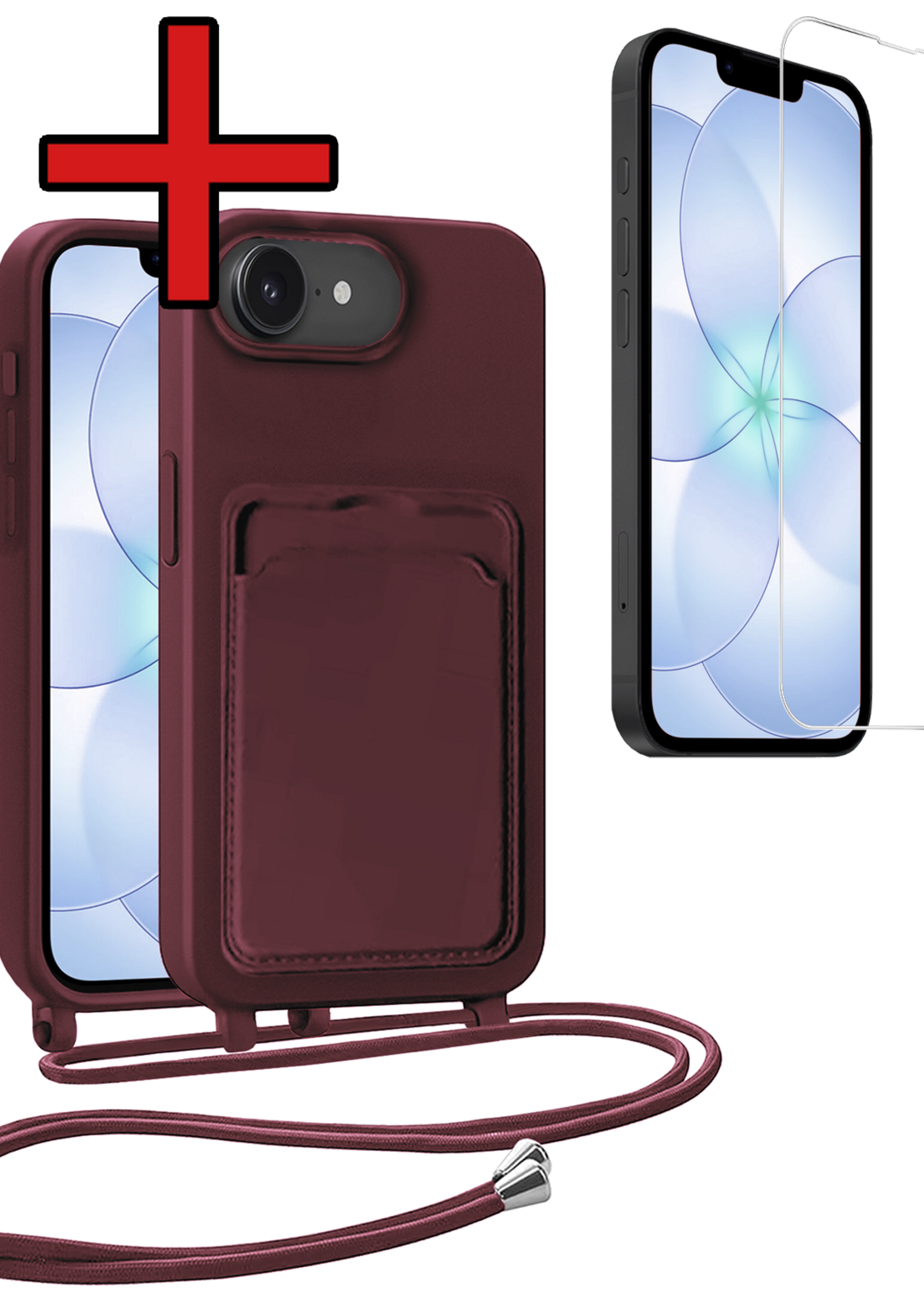 BTH BTH iPhone 17e Hoesje Pashouder met Koord Met Screenprotector - Aubergine