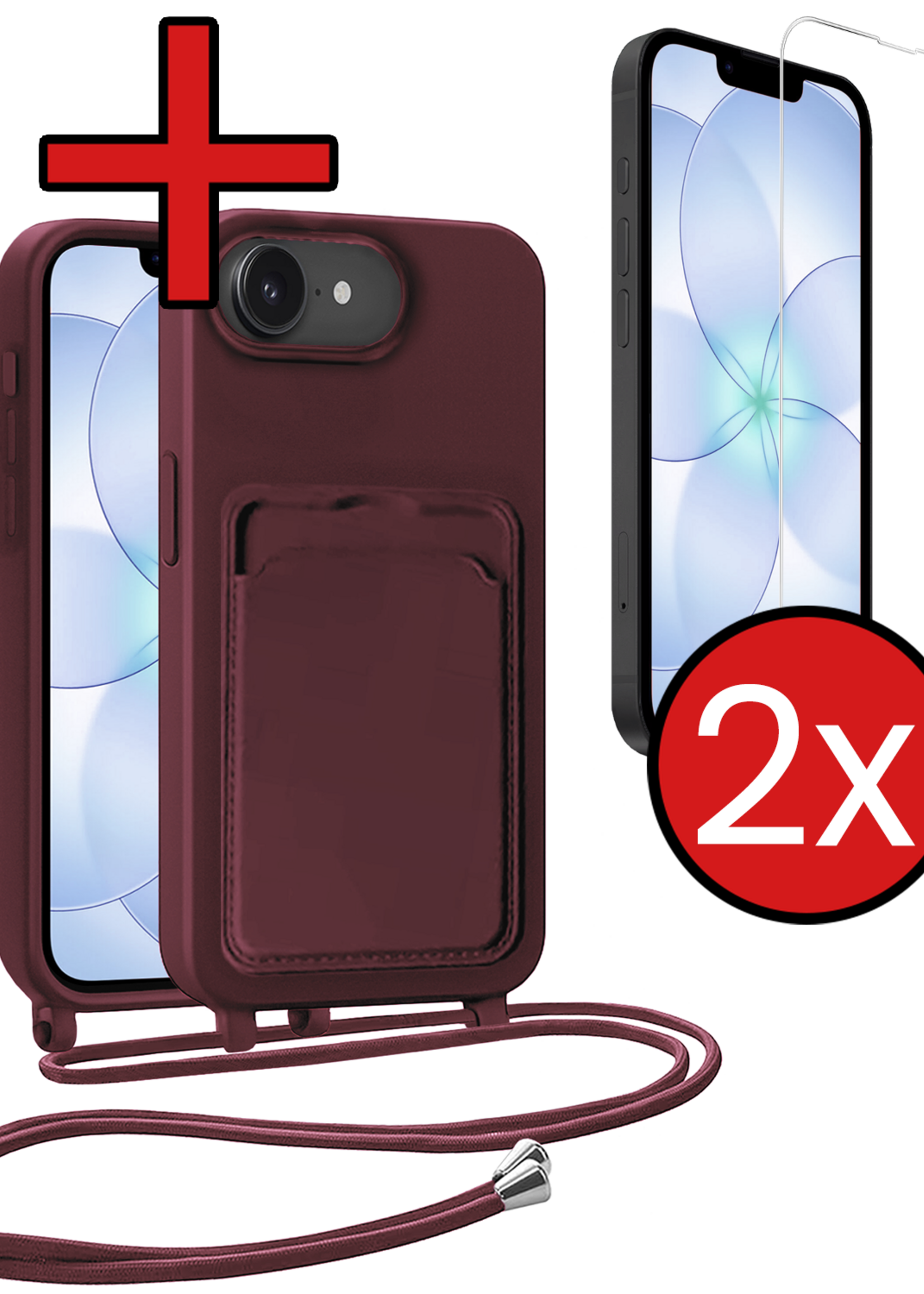 BTH BTH iPhone 17e Hoesje Pashouder met Koord Met 2x Screenprotector - Aubergine