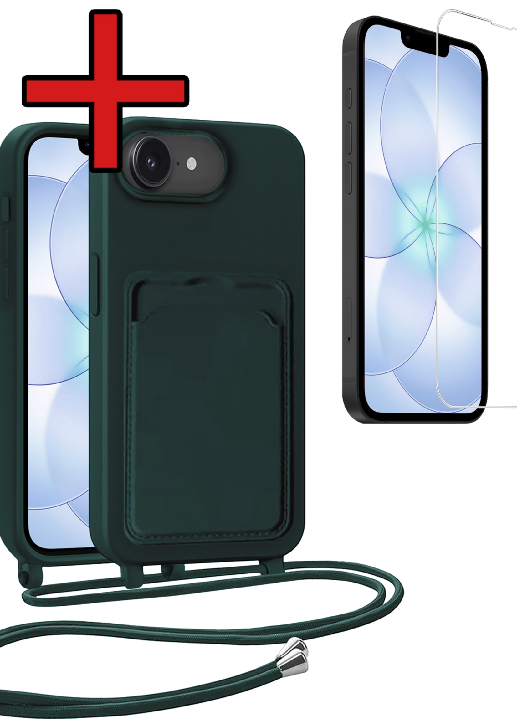 BTH BTH iPhone 17e Hoesje Pashouder met Koord Met Screenprotector - Donkergroen