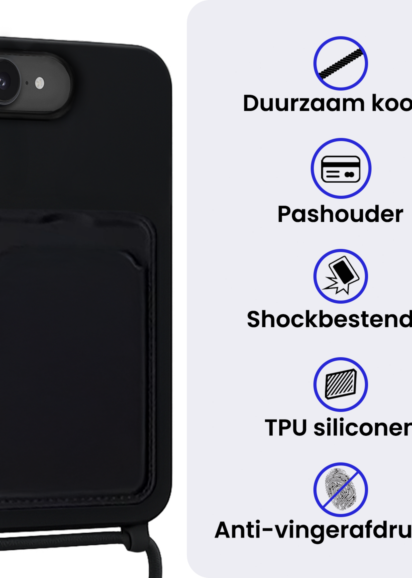 BTH BTH iPhone 17e Hoesje Pashouder met Koord Met Screenprotector - Zwart