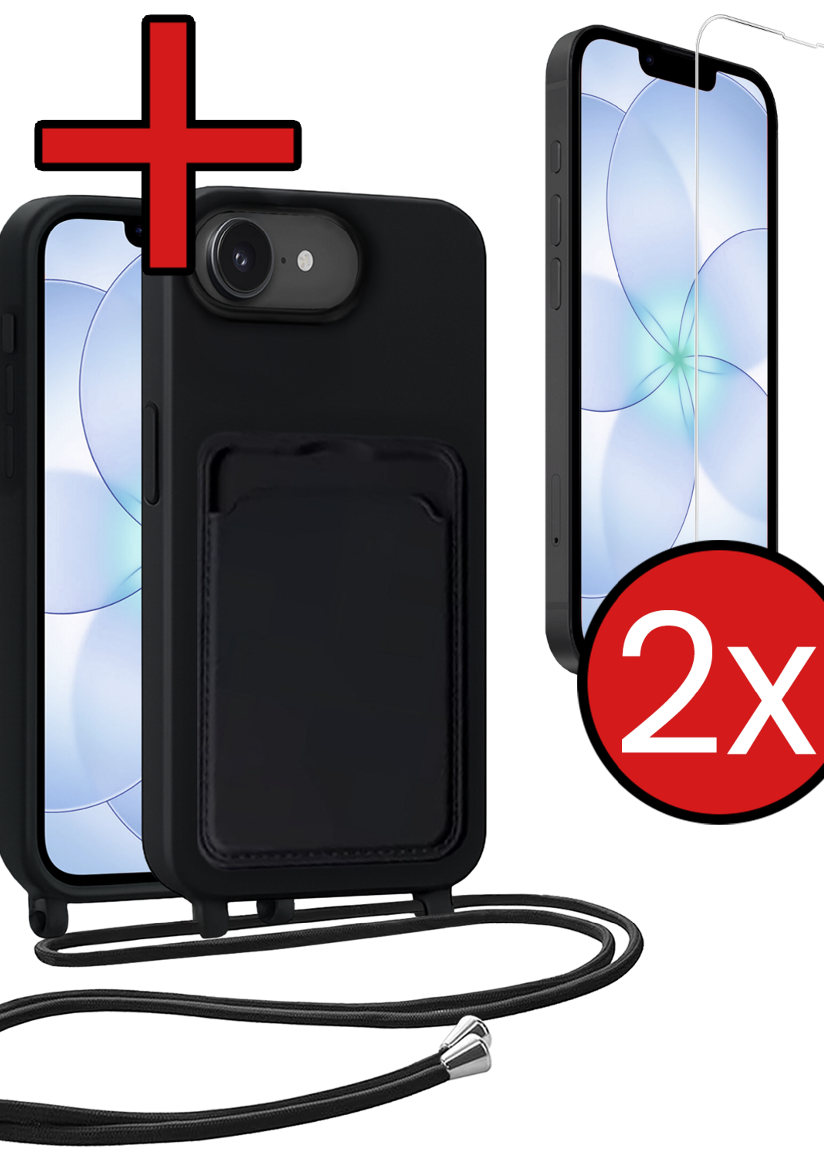 BTH BTH iPhone 17e Hoesje Pashouder met Koord Met 2x Screenprotector - Zwart