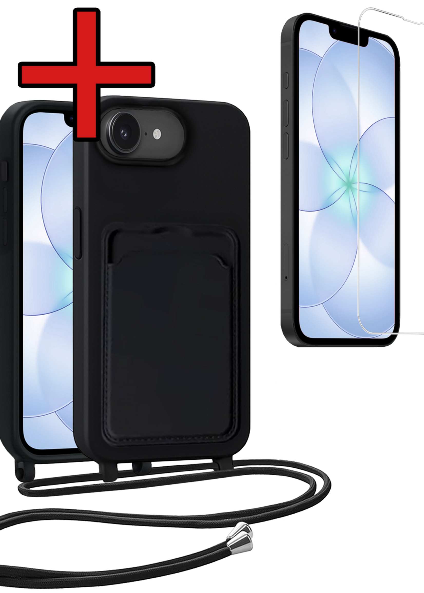 BTH BTH iPhone 17e Hoesje Pashouder met Koord Met Screenprotector - Zwart