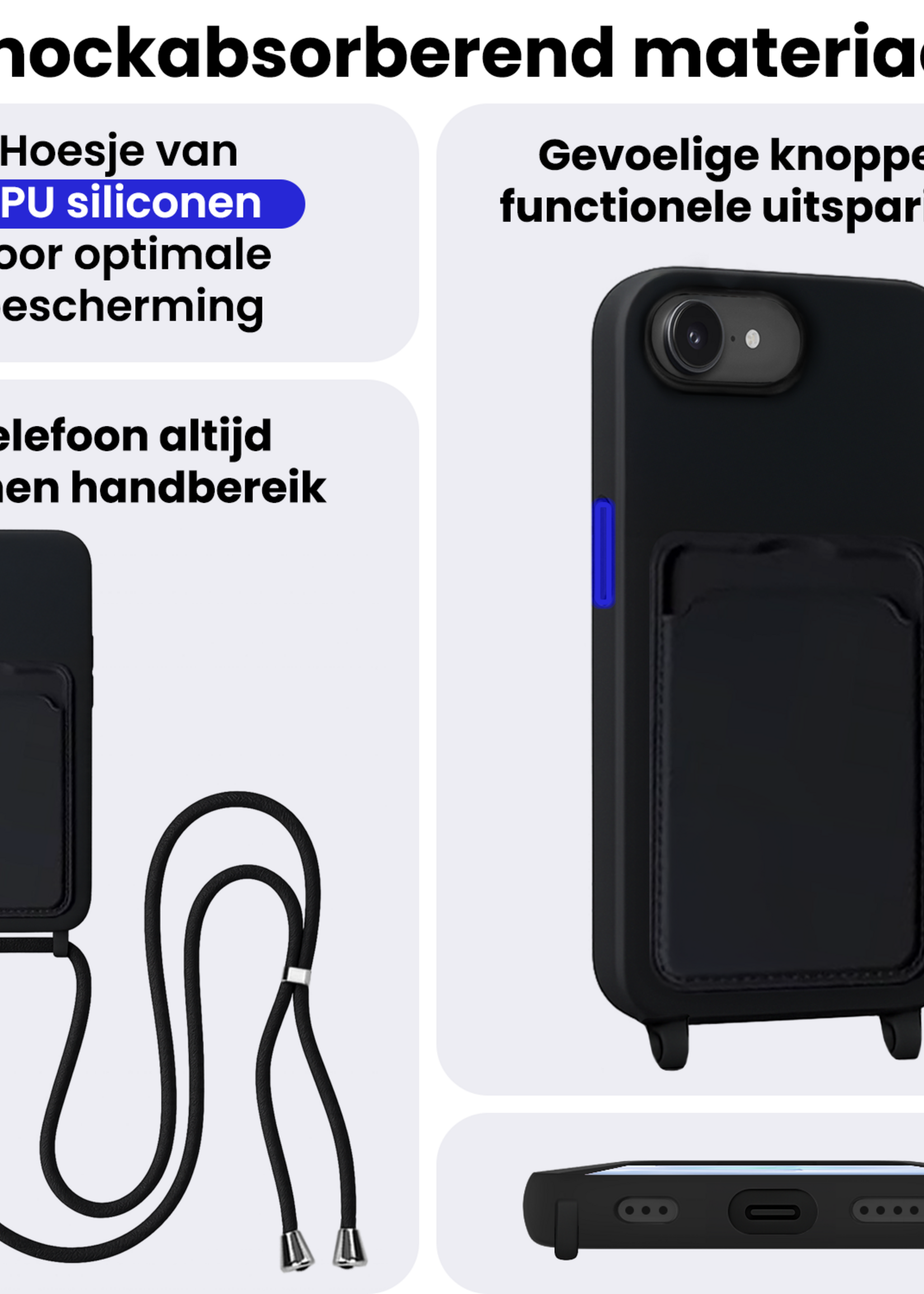 BTH BTH iPhone 17e Hoesje Pashouder met Koord Met 2x Screenprotector - Zwart