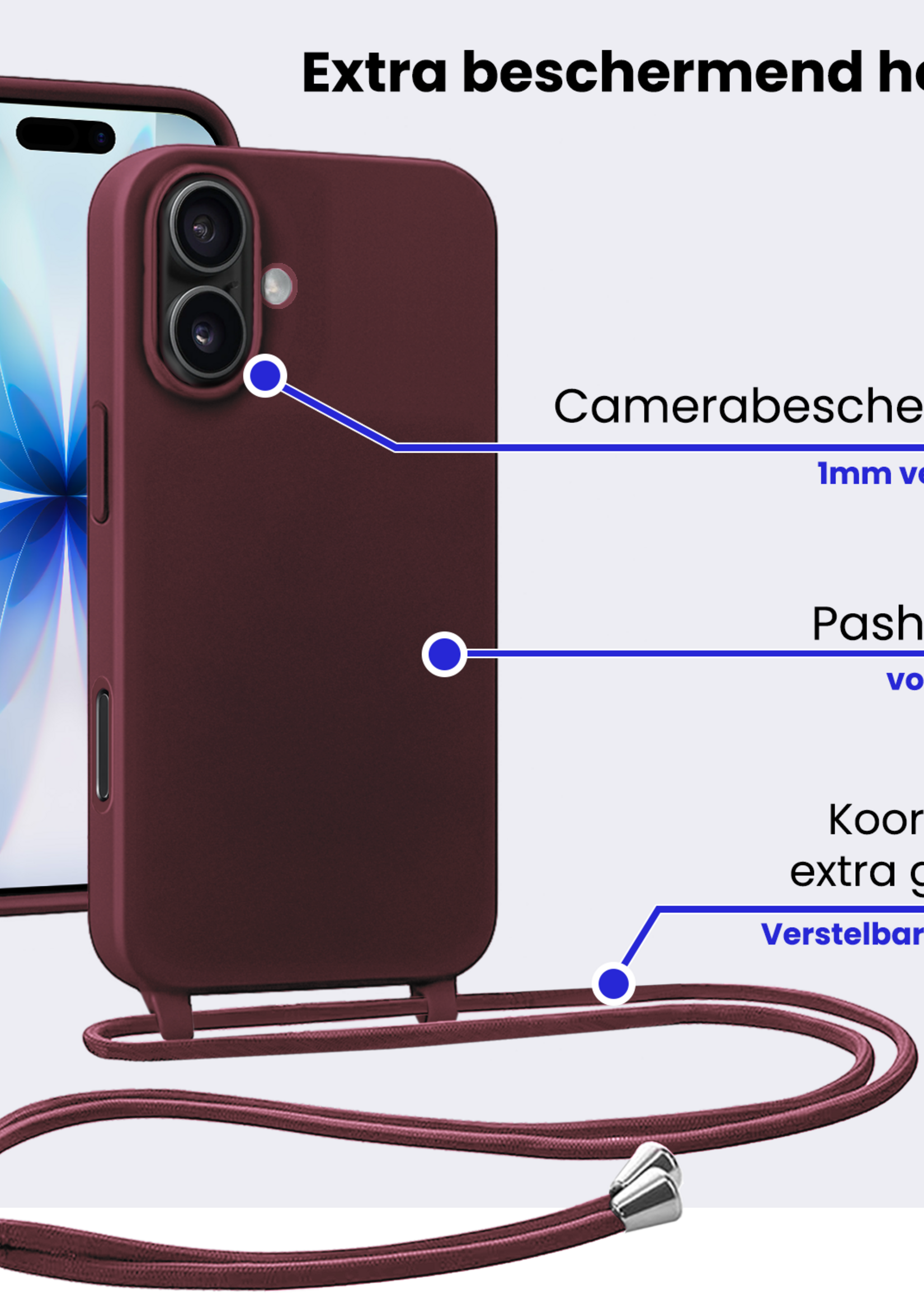 BTH BTH iPhone 17 Hoesje met Koord Met Screenprotector - Aubergine