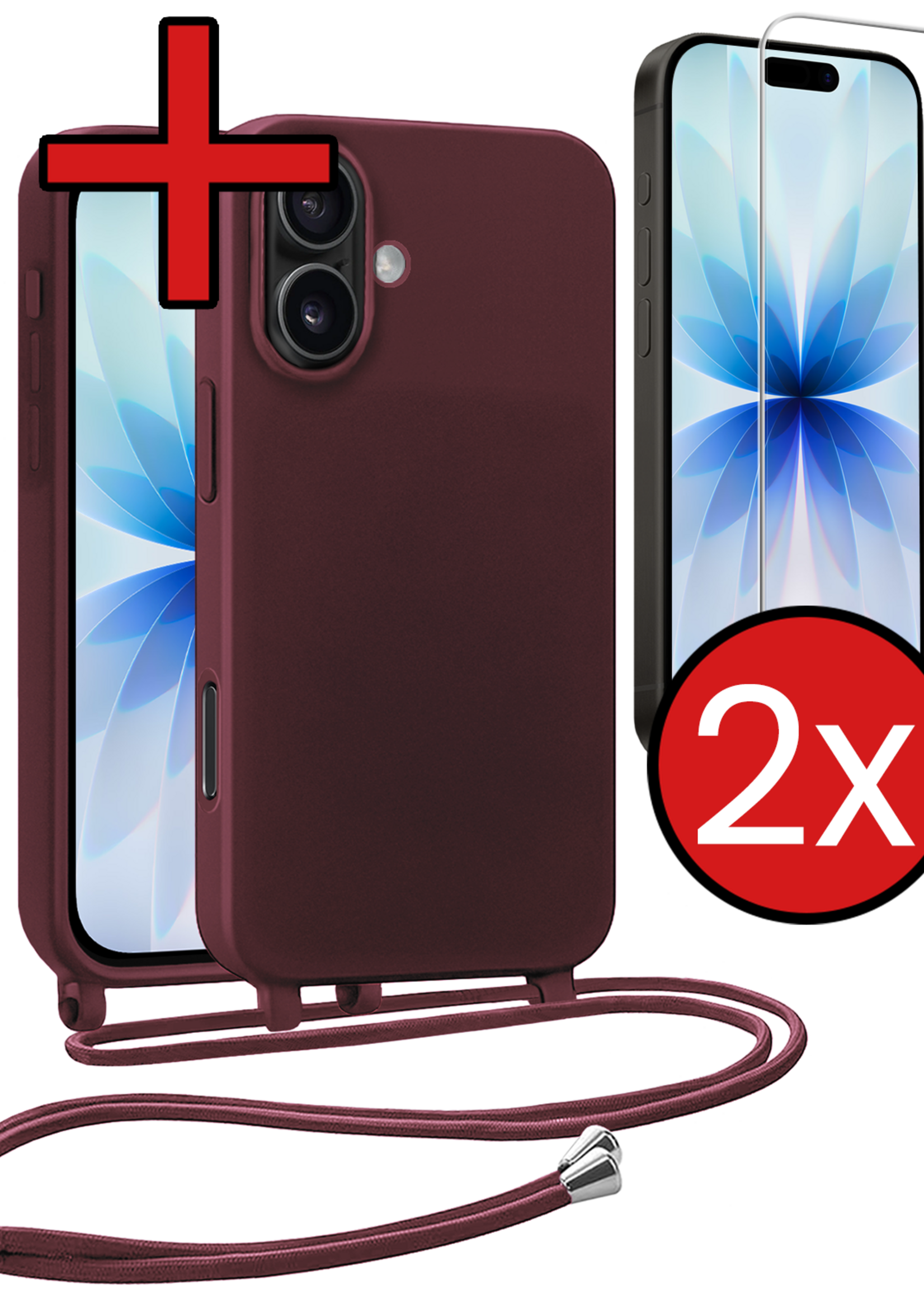 BTH BTH iPhone 17 Hoesje met Koord Met 2x Screenprotector - Aubergine