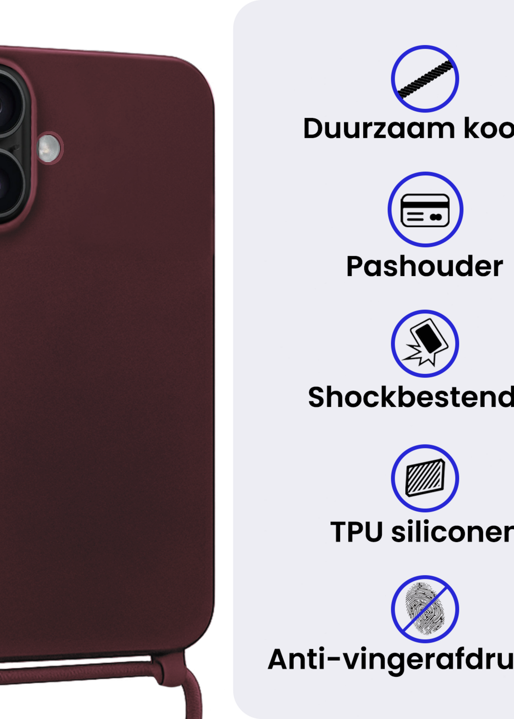 BTH BTH iPhone 17 Hoesje met Koord Met 2x Screenprotector - Aubergine