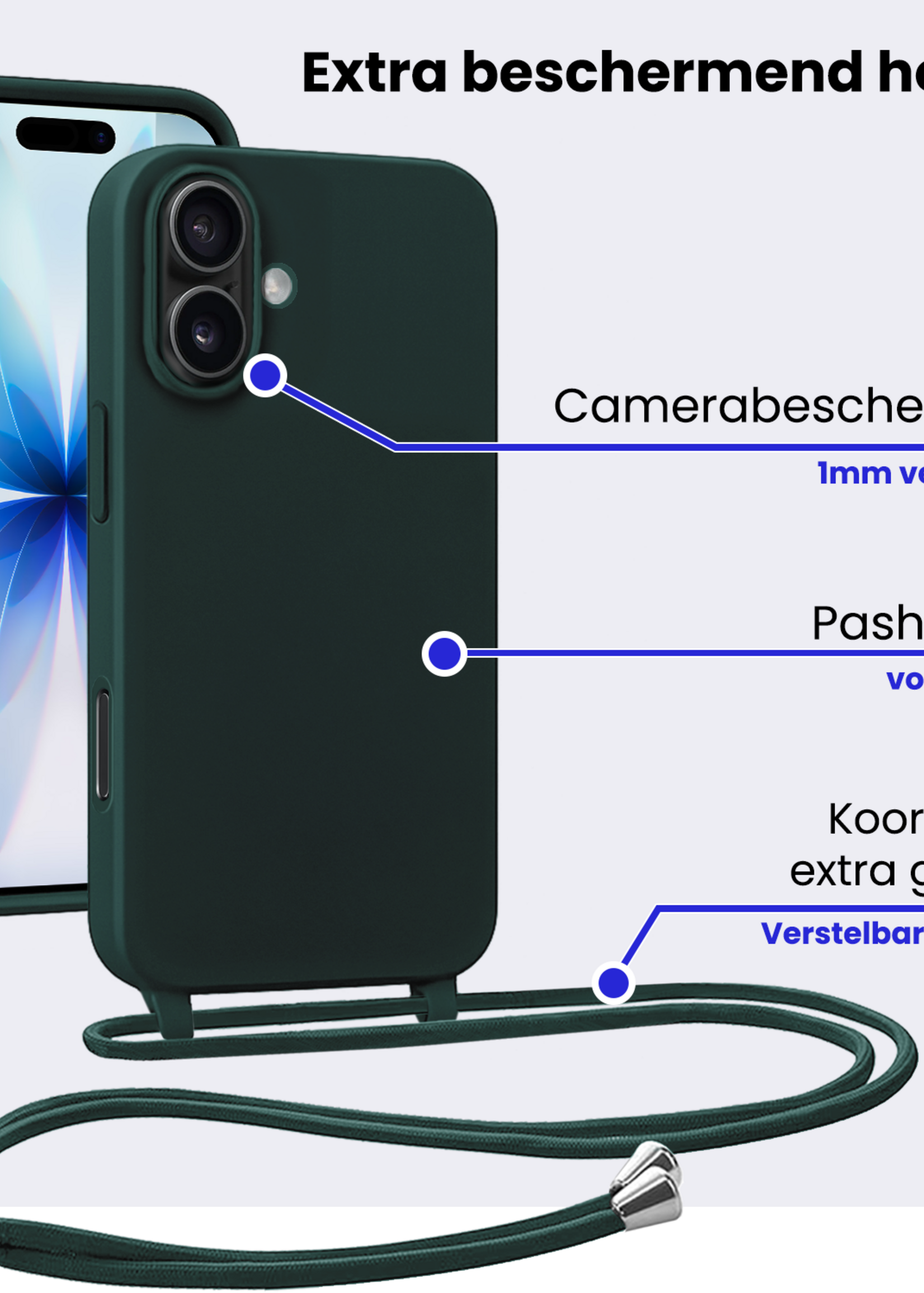 BTH BTH iPhone 17 Hoesje met Koord Met Screenprotector - Donkergroen
