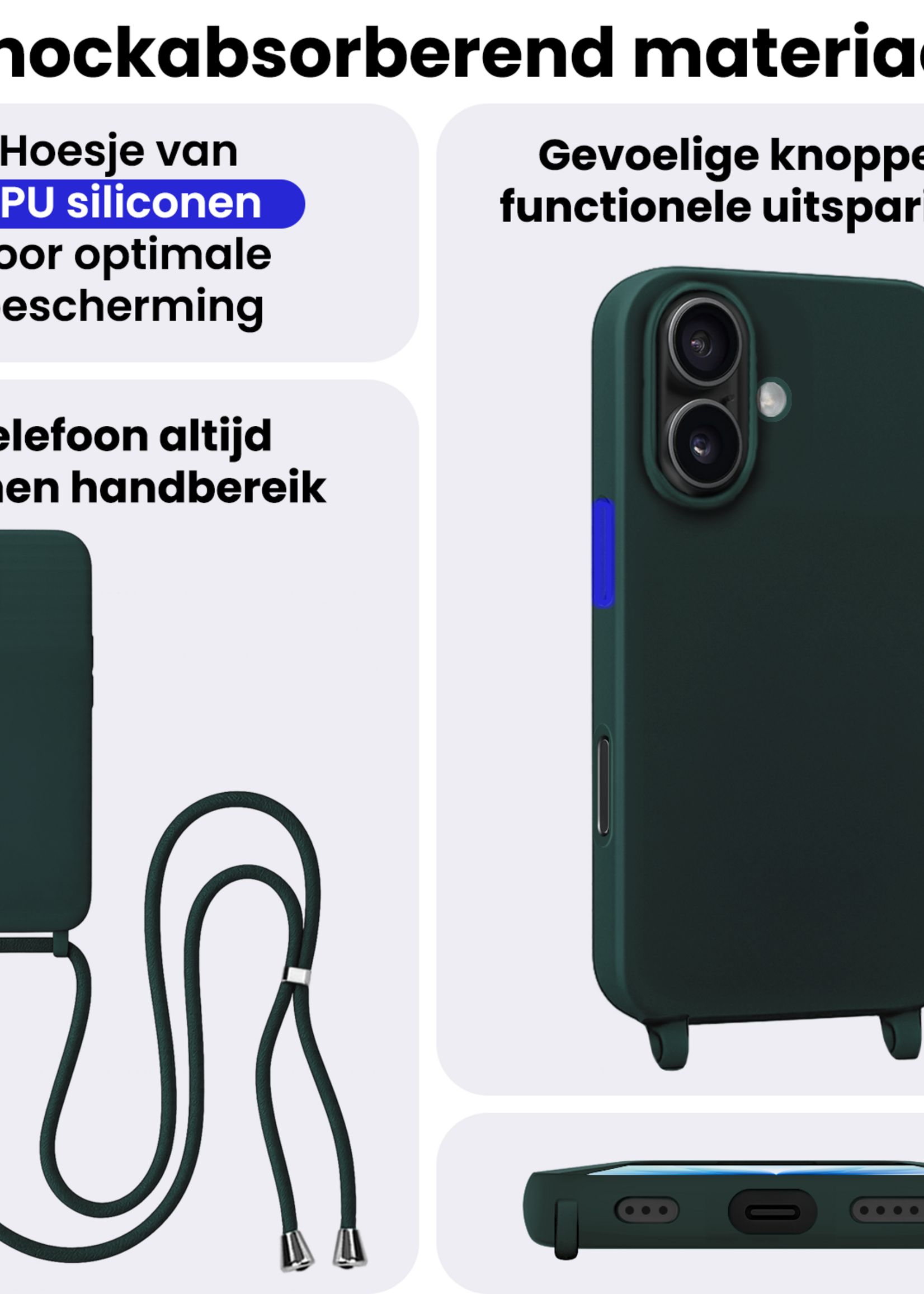 BTH BTH iPhone 17 Hoesje met Koord Met Screenprotector - Donkergroen