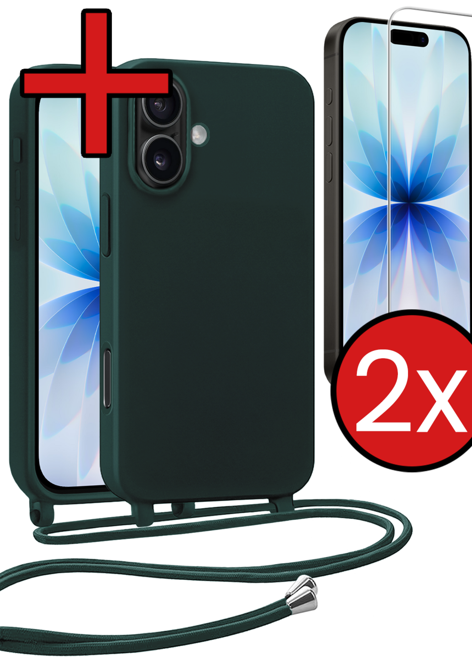 BTH BTH iPhone 17 Hoesje met Koord Met 2x Screenprotector - Donkergroen