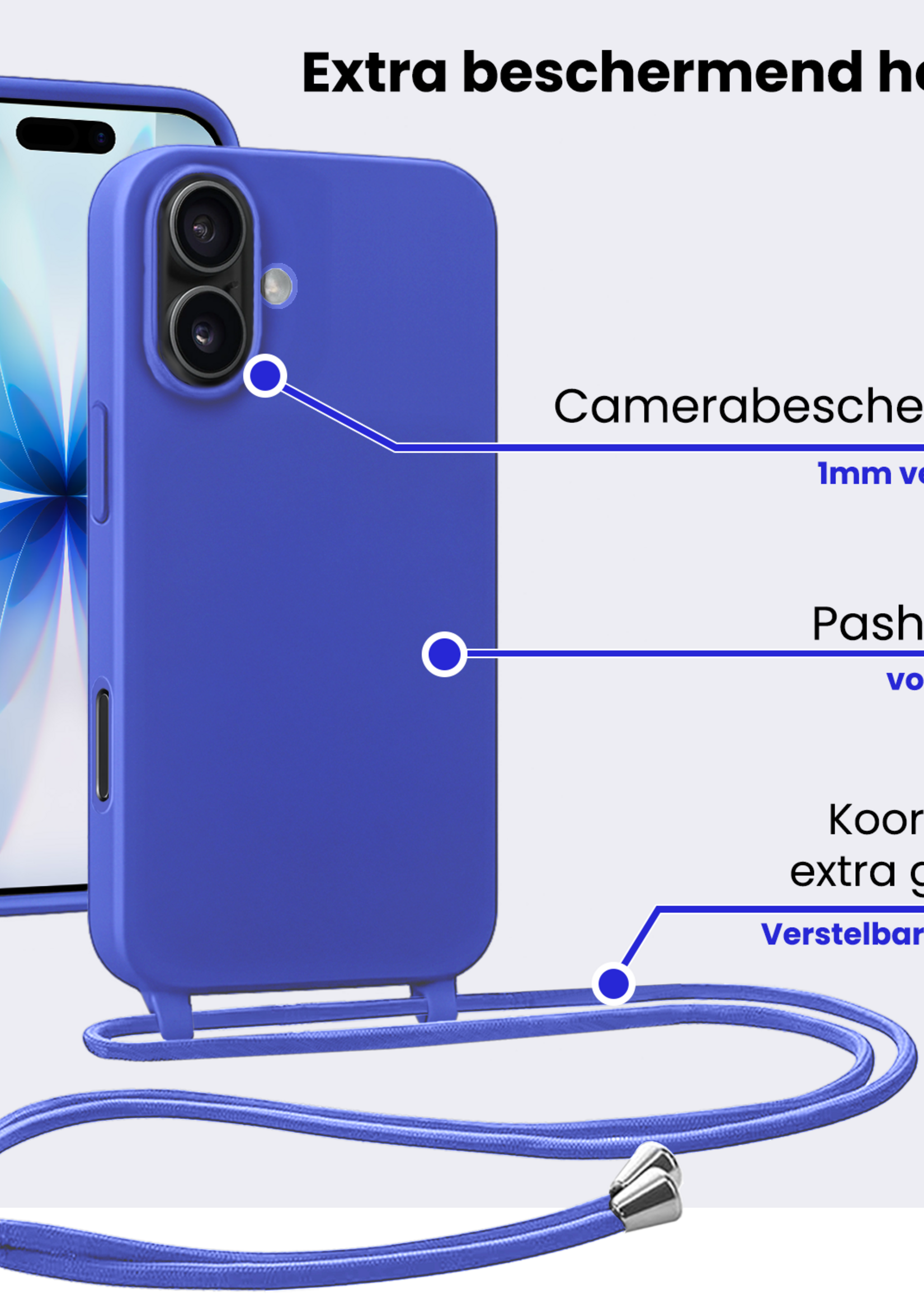 BTH BTH iPhone 17 Hoesje met Koord Met Screenprotector - Fel Blauw