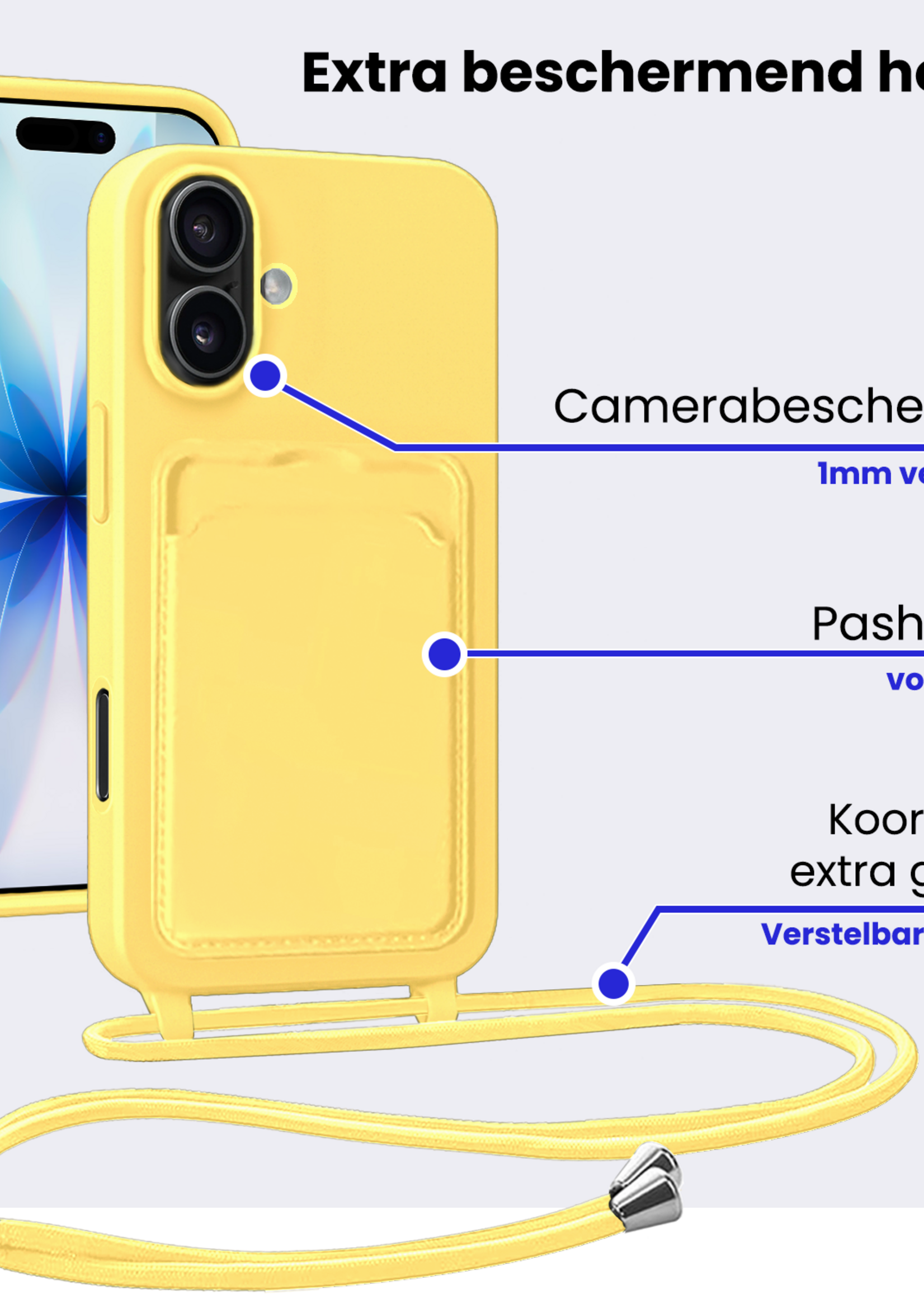 BTH BTH iPhone 17 Hoesje met Koord Met 2x Screenprotector - Geel