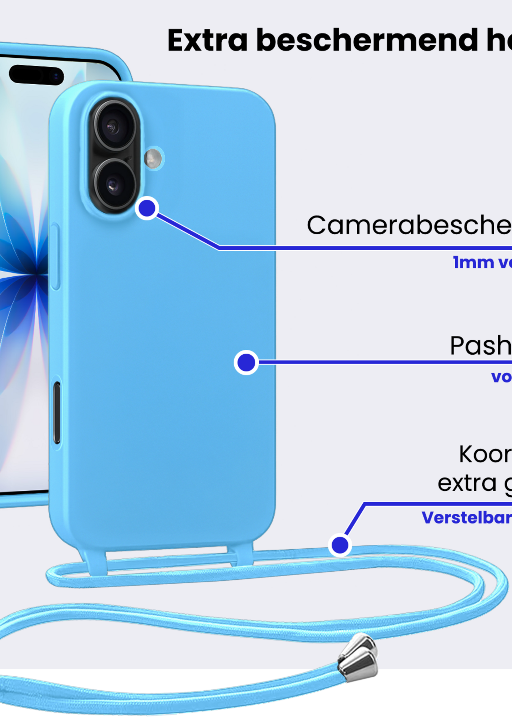 BTH BTH iPhone 17 Hoesje met Koord Met 2x Screenprotector - Lichtblauw