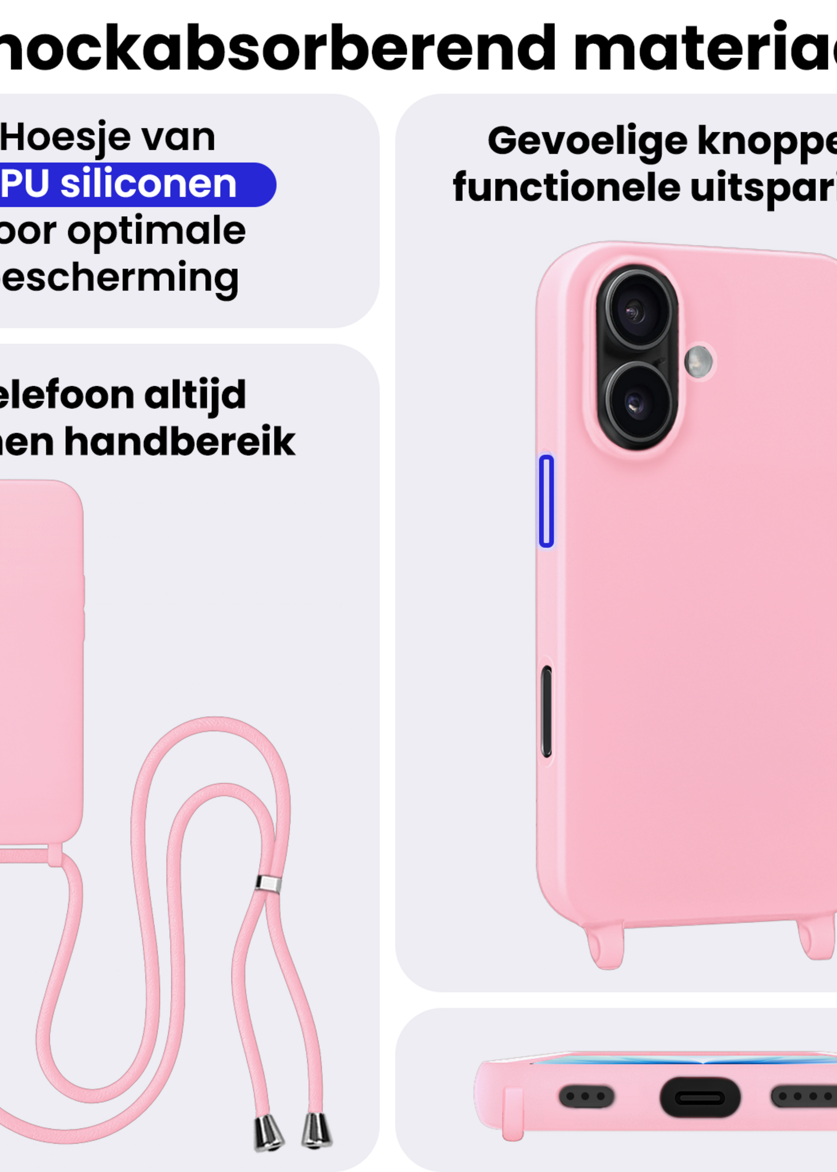 BTH BTH iPhone 17 Hoesje met Koord Met Screenprotector - Lichtroze
