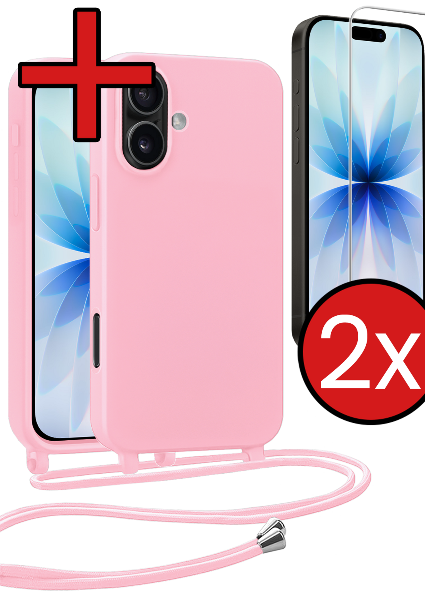 BTH BTH iPhone 17 Hoesje met Koord Met 2x Screenprotector - Lichtroze