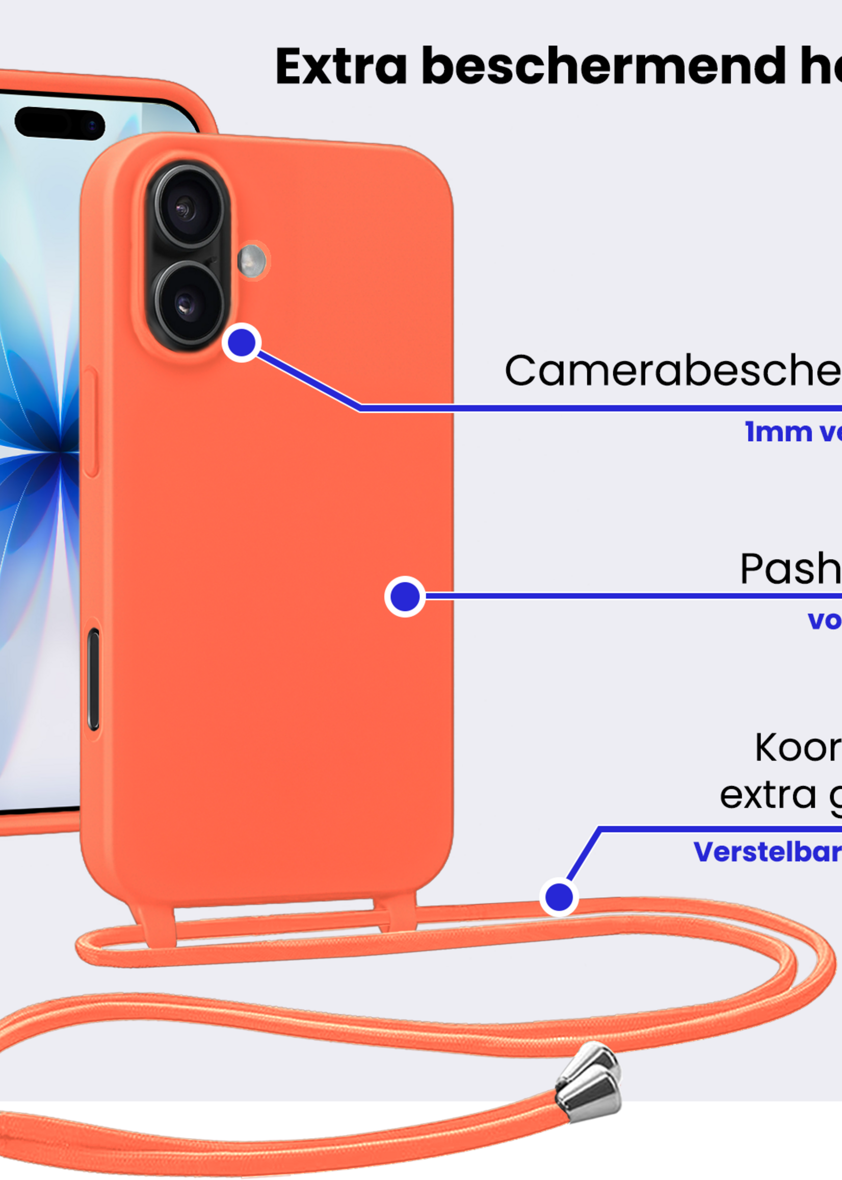 BTH BTH iPhone 17 Hoesje met Koord Met 2x Screenprotector - Papaya