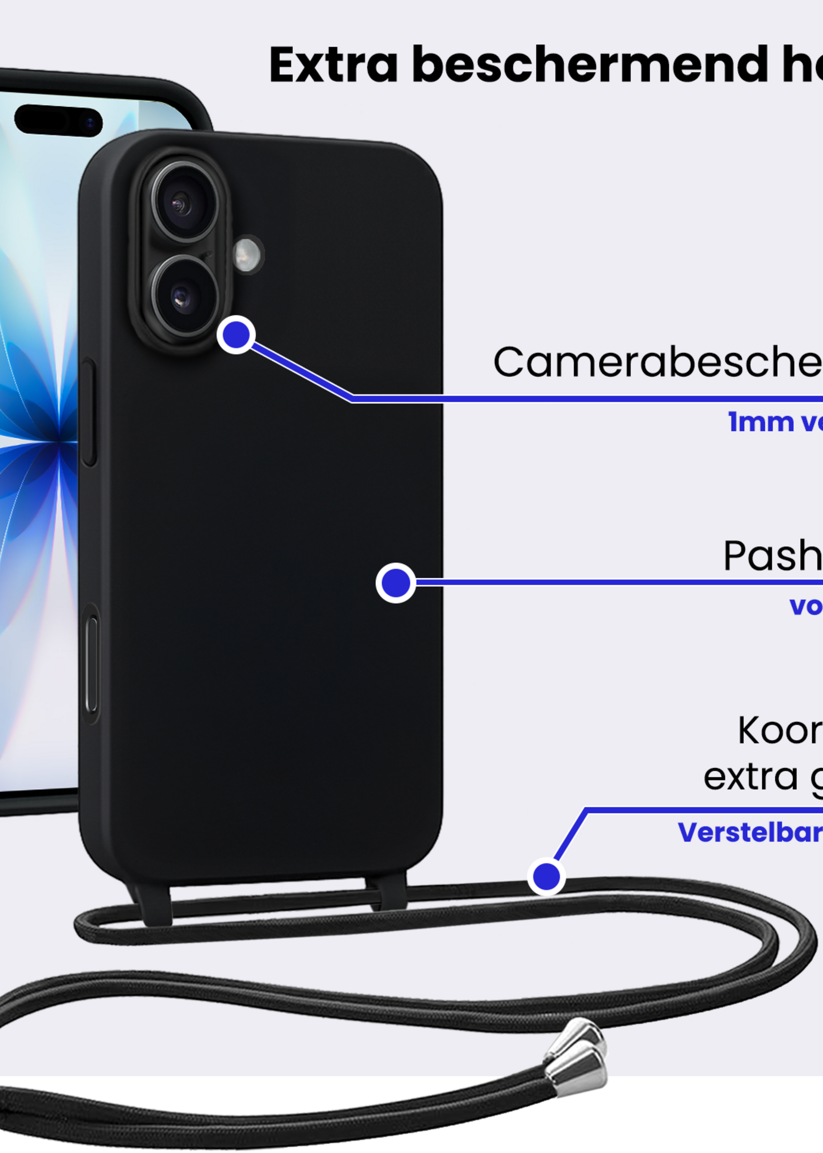 BTH BTH iPhone 17 Hoesje met Koord Met Screenprotector - Zwart